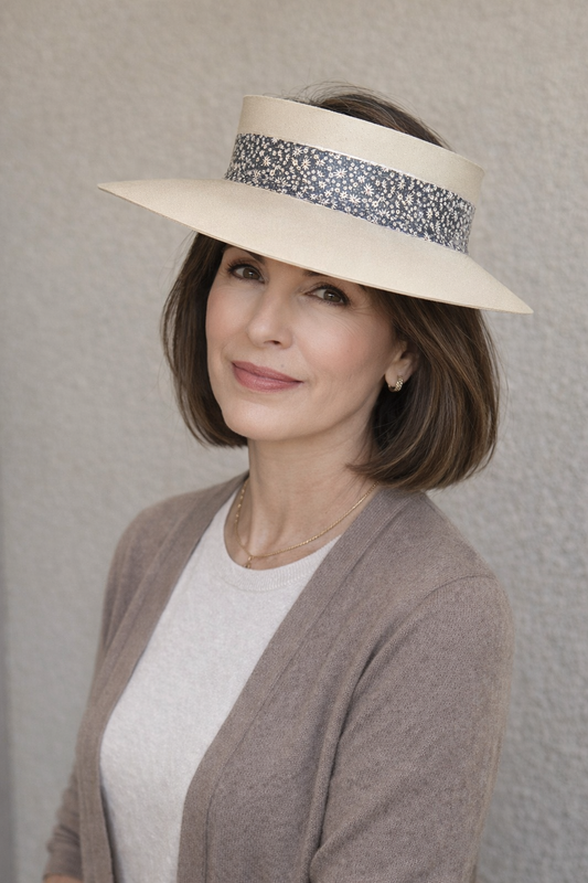 Woman wearing a wide-brimmed hat with a patterned band against a plain background