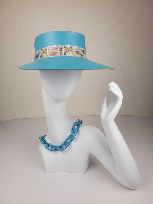 Tall Audrey Wide Brim Visor Hat - Teal with Butterfly Decoupage Band