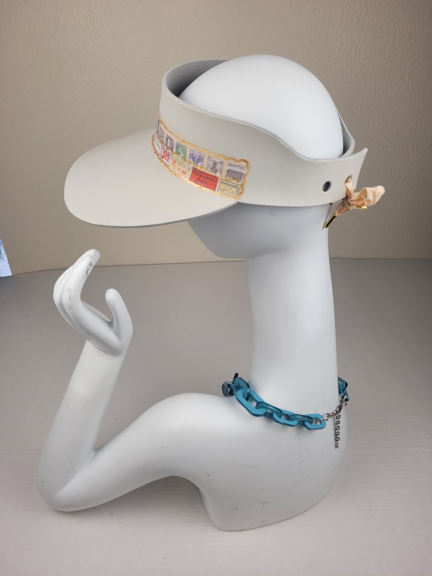 Audrey Wide Brim Visor Hat - Cream with Stamp Themed Band