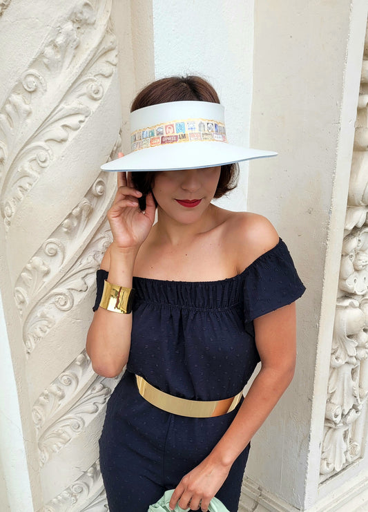 Audrey Wide Brim Visor Hat - Cream with Stamp Themed Band