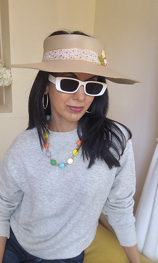 Beautiful Beige Lotus Sun Visor Delicate Floral Band and Citrus Flowers: UV protection during Golf, Hikes and Beach Days