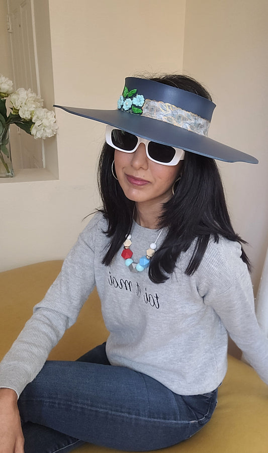 Navy Lotus Visor with Blue Abstract Band and Baby Blue Floral Charms