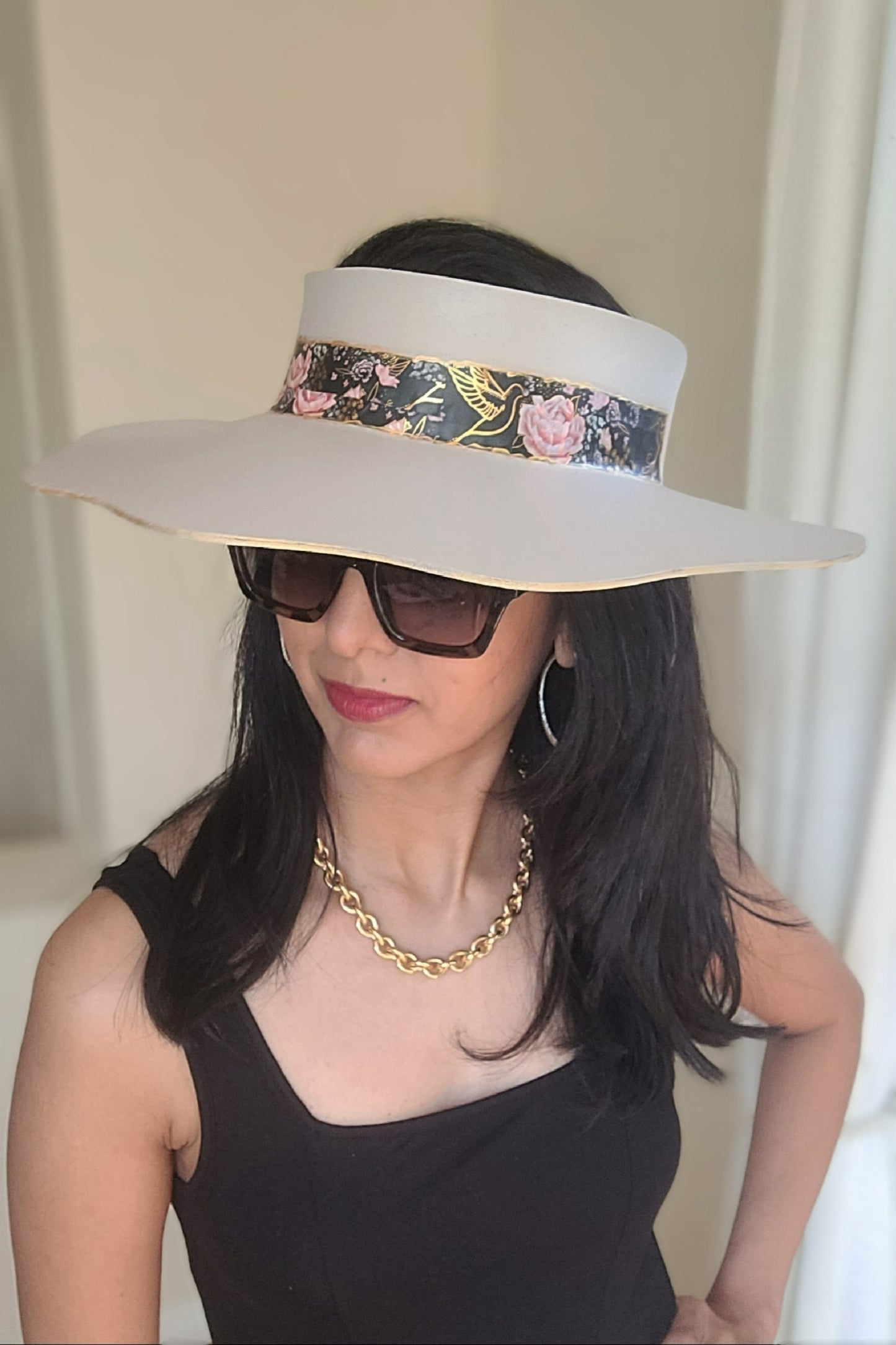 Elegant Taupe Lotus Sun Visor Hat with Sophisticated Black and Golden Band: Sport, Golf, Everyday Protection