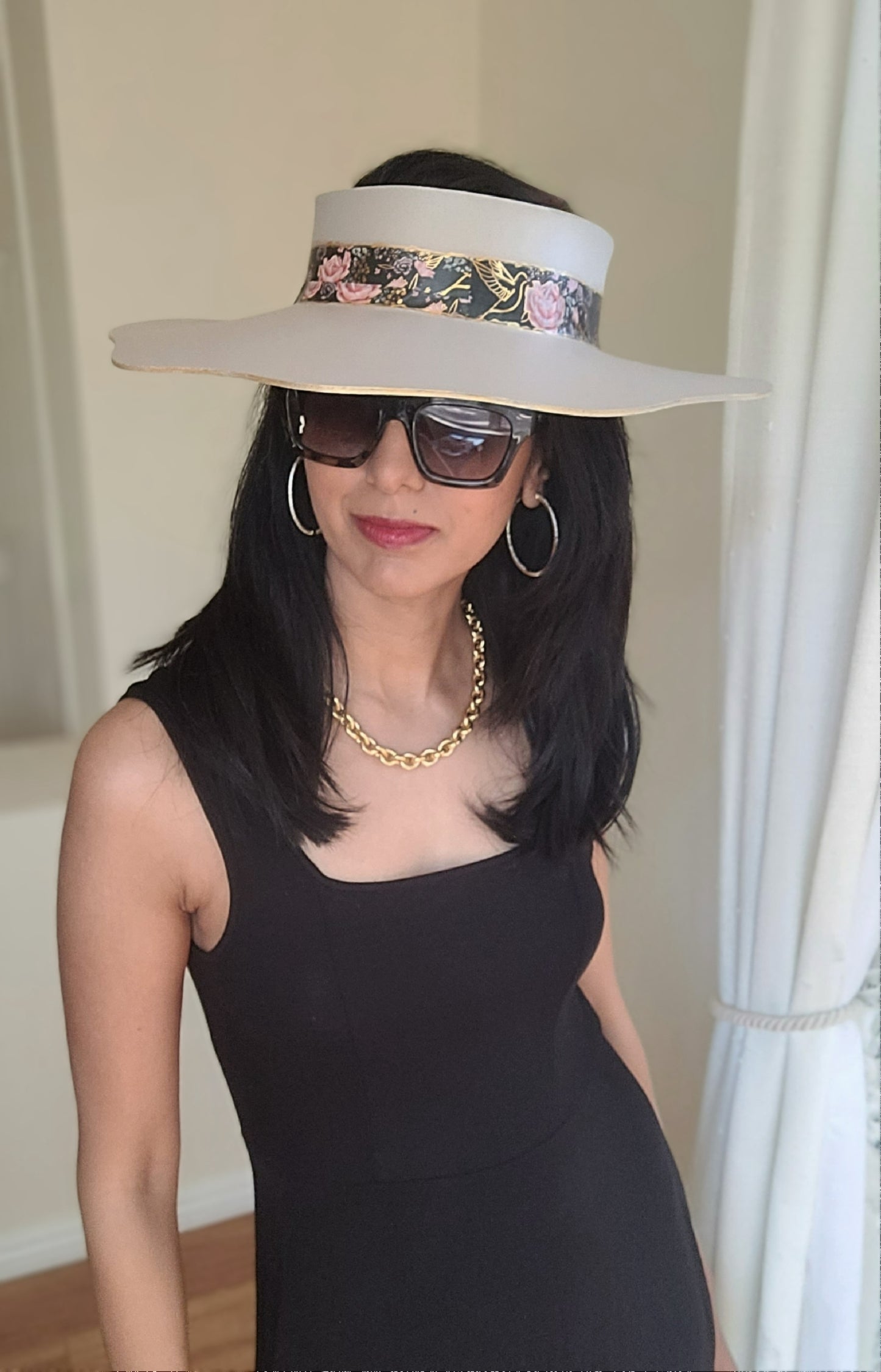 Taupe Lotus Visor Hat with Black and Golden Band