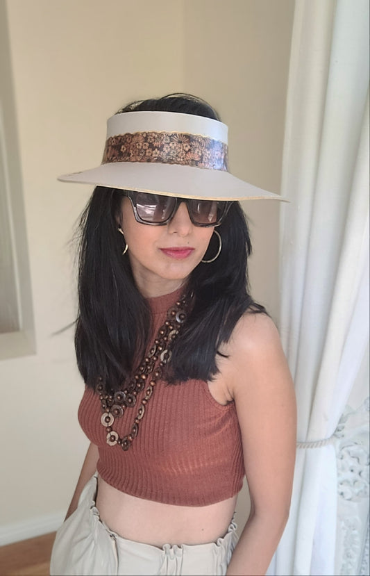 Taupe Audrey Sun Visor Hat with Rust and Copper Floral Band and Handpainted Floral Motifs