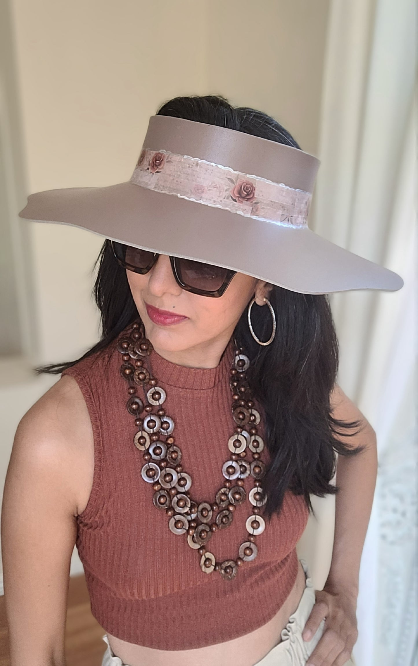 Elegant Darker Taupe Lotus Sun Visor Hat with Classy Burgundy Floral Band and Silver Accents