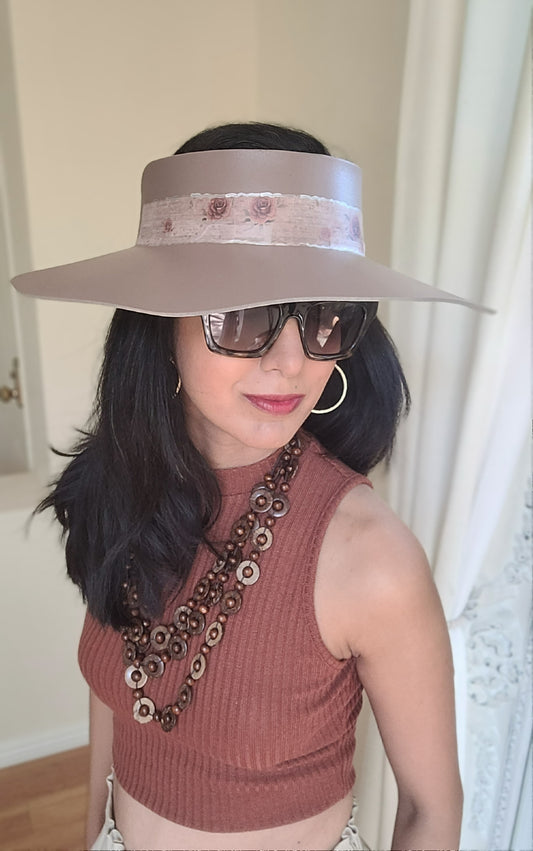 Elegant Darker Taupe Lotus Sun Visor Hat with Classy Burgundy Floral Band and Silver Accents