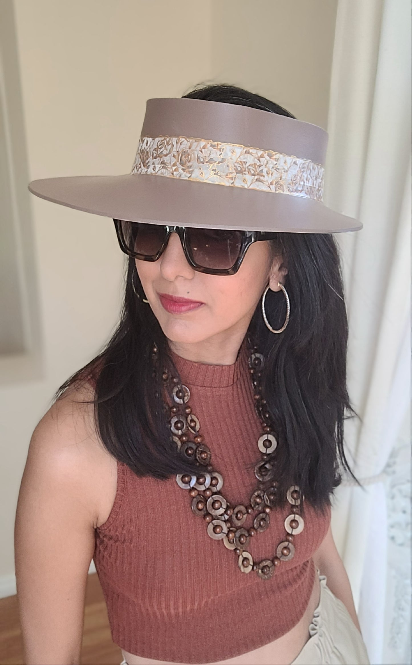 Dark Taupe "LadyEVA" Visor Hat with Golden Floral Band