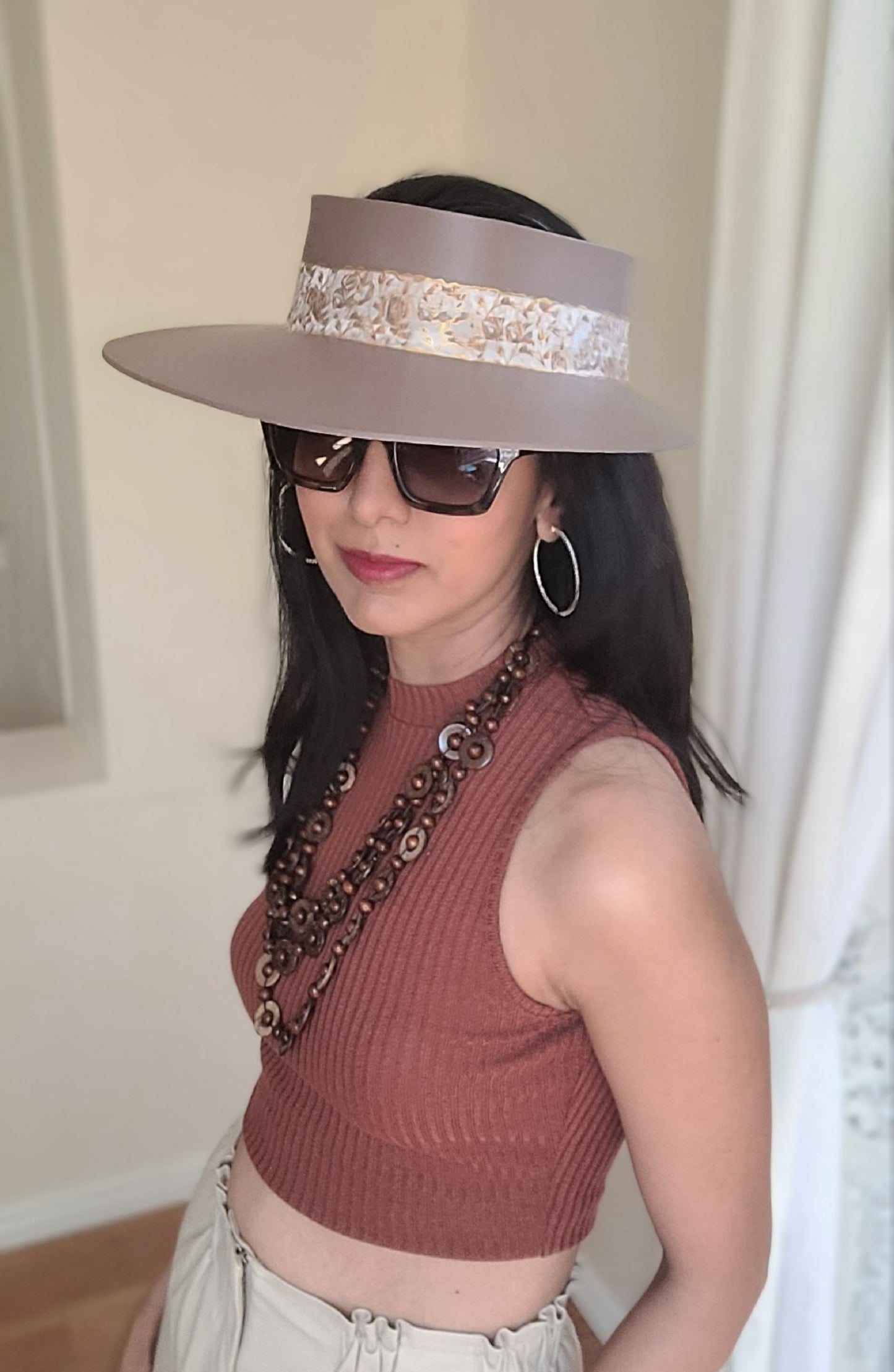 Dark Taupe "LadyEVA" Visor Hat with Golden Floral Band