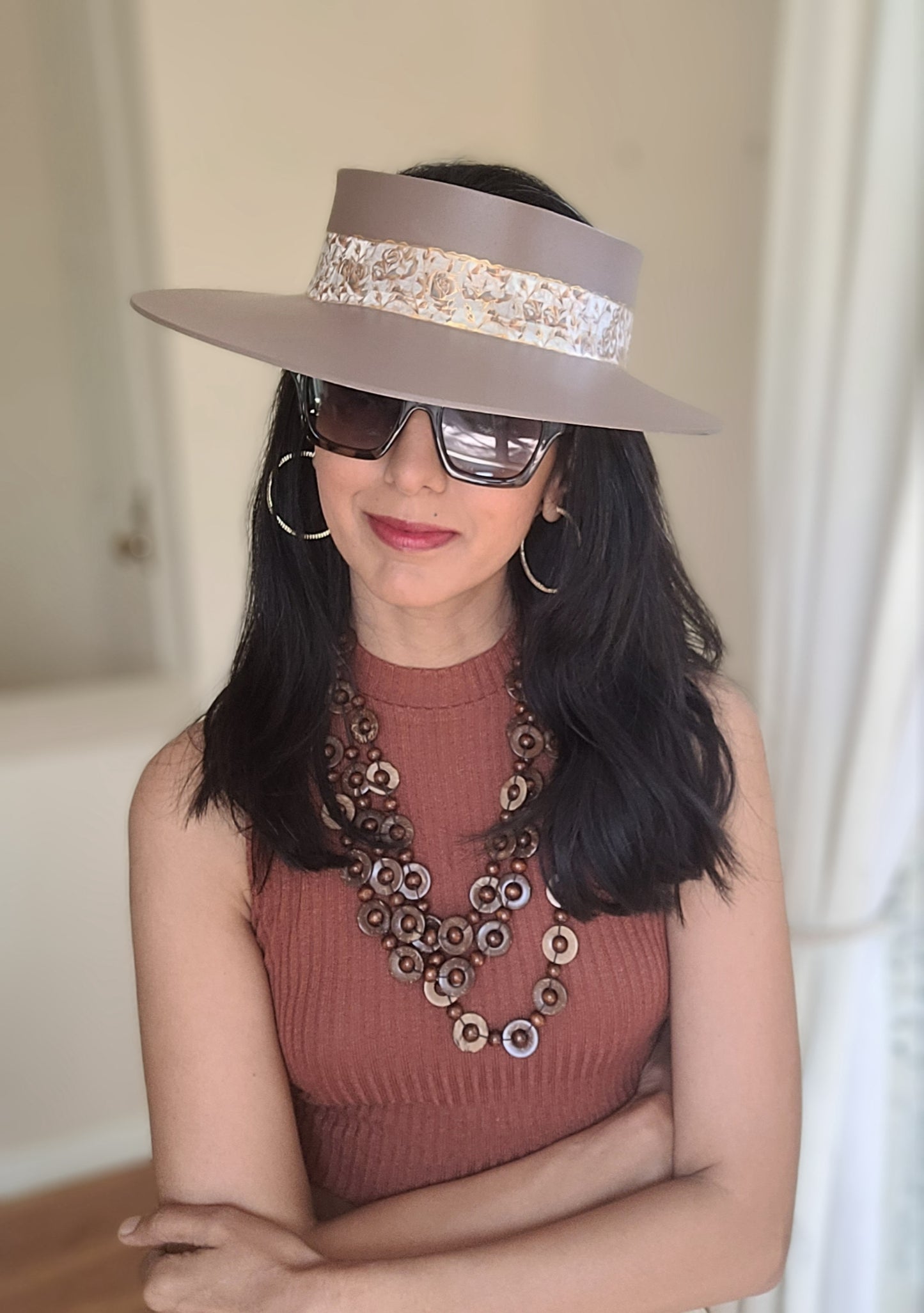 Dark Taupe "LadyEVA" Visor Hat with Golden Floral Band