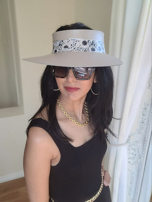Stylish Taupe Audrey Sun Visor Hat with Elegant Black and White Floral Band: No itch, No Headache, Super Soft