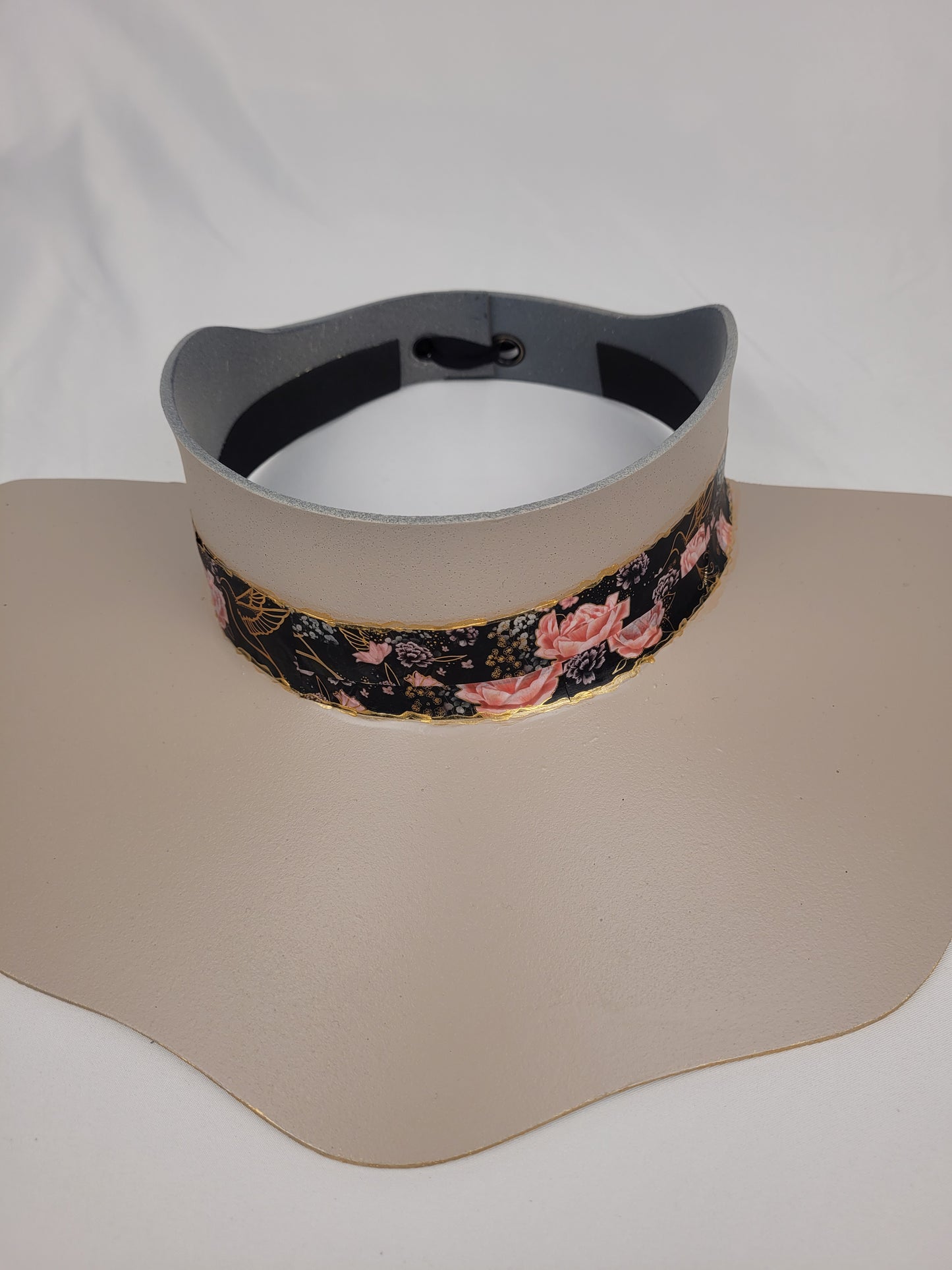 Elegant Taupe Lotus Sun Visor Hat with Sophisticated Black and Golden Band: Sport, Golf, Everyday Protection