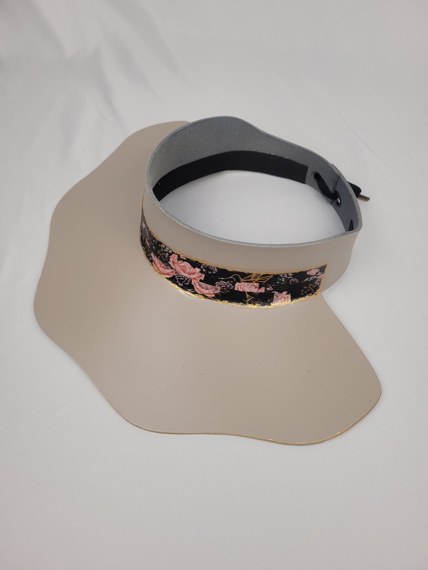 Elegant Taupe Lotus Sun Visor Hat with Sophisticated Black and Golden Band: Sport, Golf, Everyday Protection