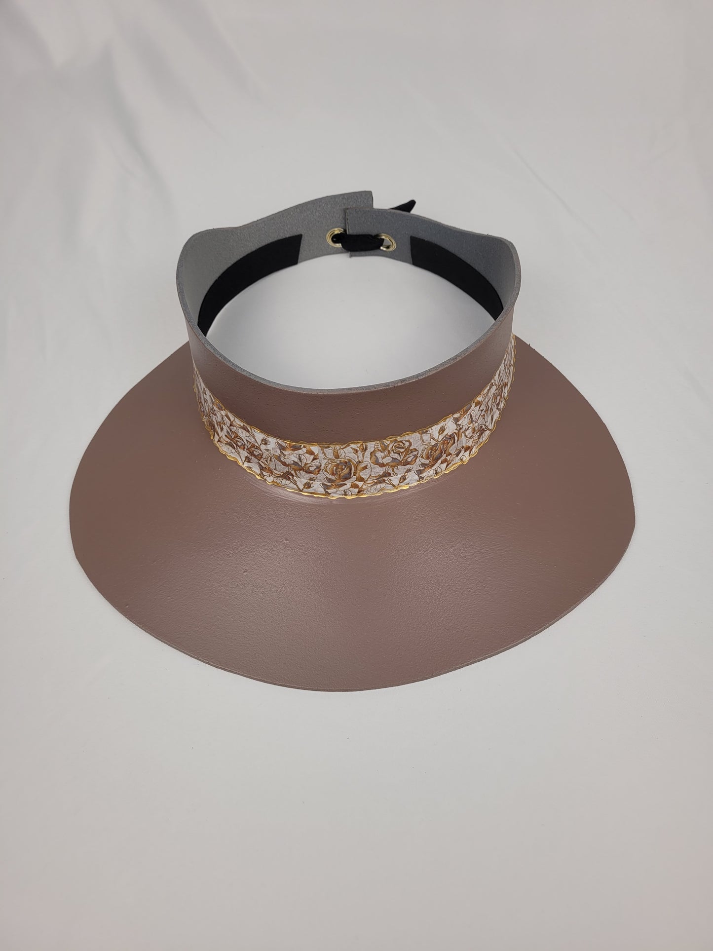 Dark Taupe "LadyEVA" Visor Hat with Golden Floral Band