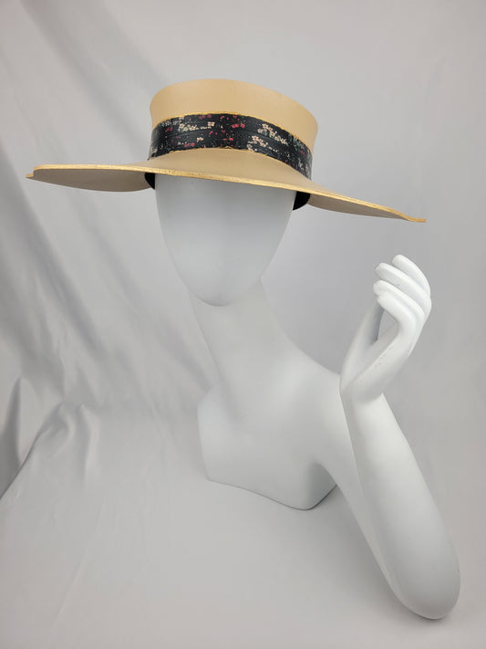 Classic Camel Lotus Sun Visor Hat with Black Floral Band: Golf, Walks, Garden Parties