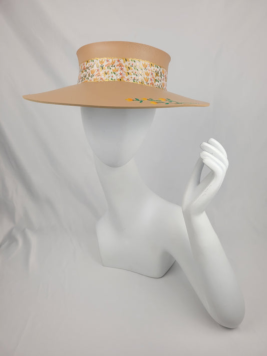 Classic Camel Audrey Sun Visor Hat with Elegant Autumn Floral Band and Handpainted Orange Floral Motif: Walks, Golf, Garden Parties, UV Resistant