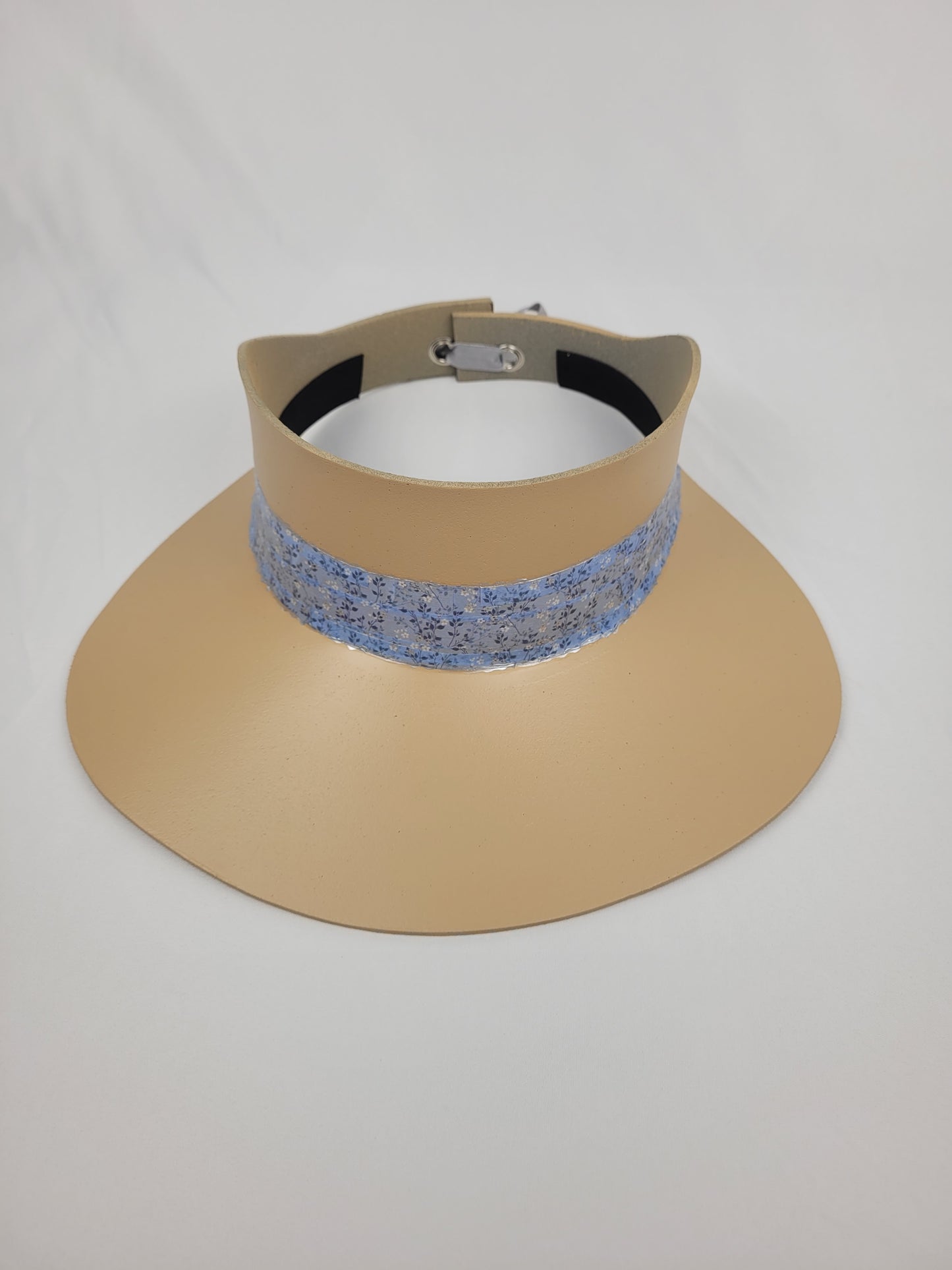 Beautiful Beige Audrey Sun Visor Hat with Elegant Baby Blue Floral Band: Walks, Golf, Garden Parties, UV Resistant
