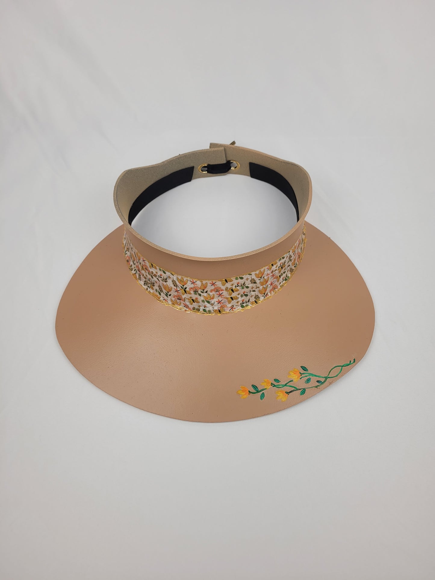 Tan "LadyEVA" Visor Hat with Autumn Floral Band and Handpainted Orange Floral Motif