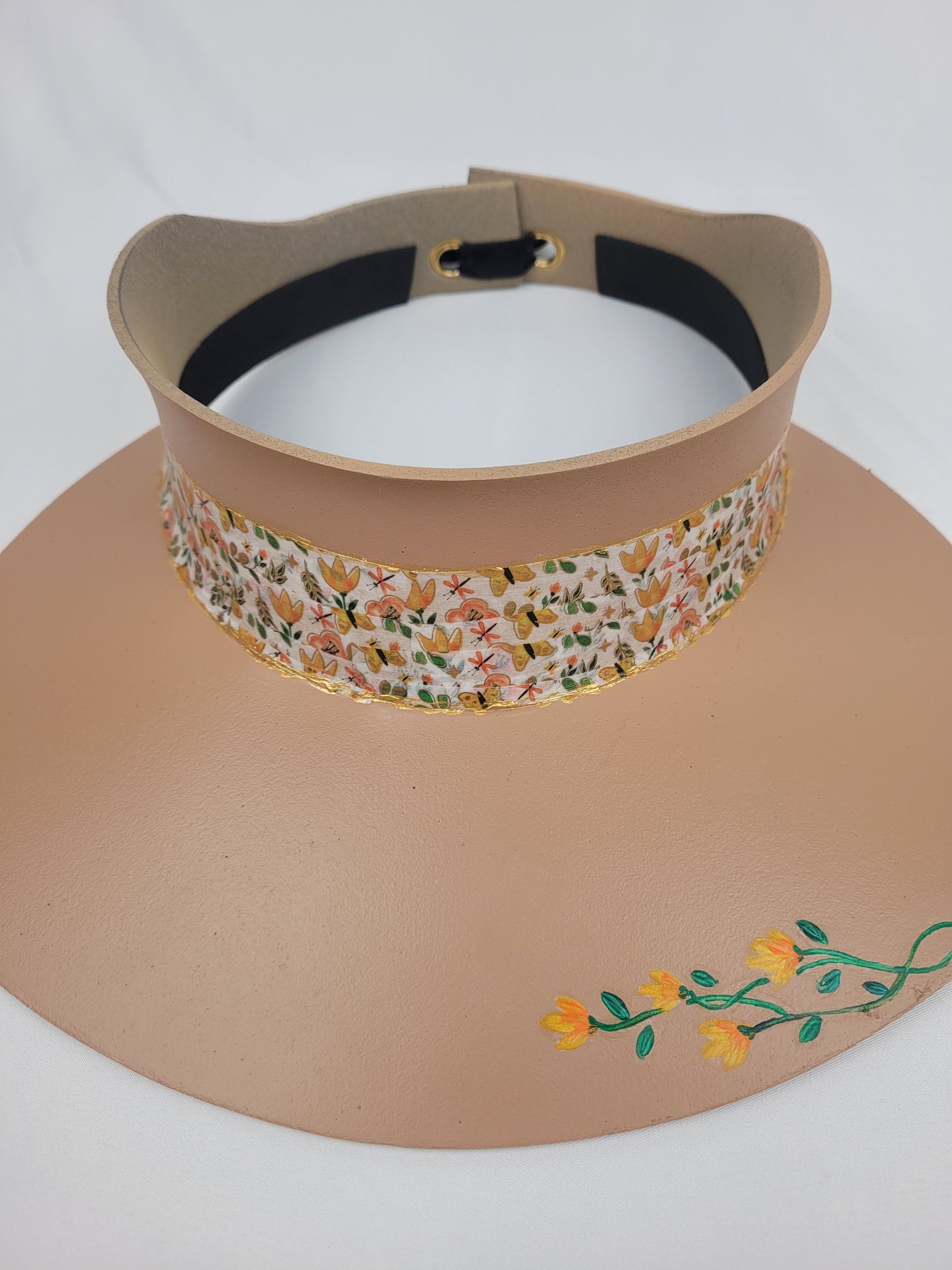 Tan "LadyEVA" Visor Hat with Autumn Floral Band and Handpainted Orange Floral Motif