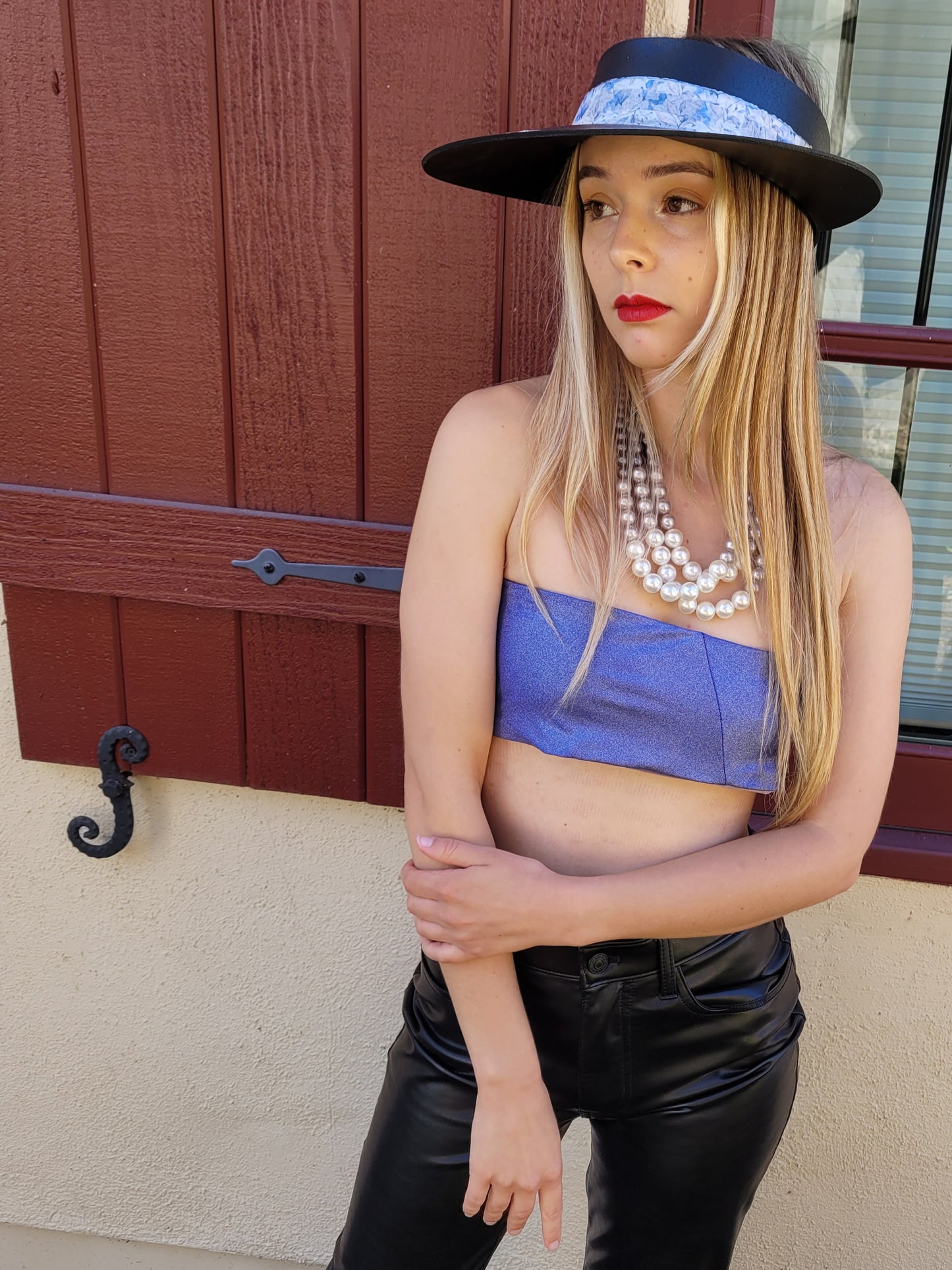 Black "LadyEVA" Visor Hat with Pale Blue Floral Band, Silver Accents and HandPainted Floral Motif