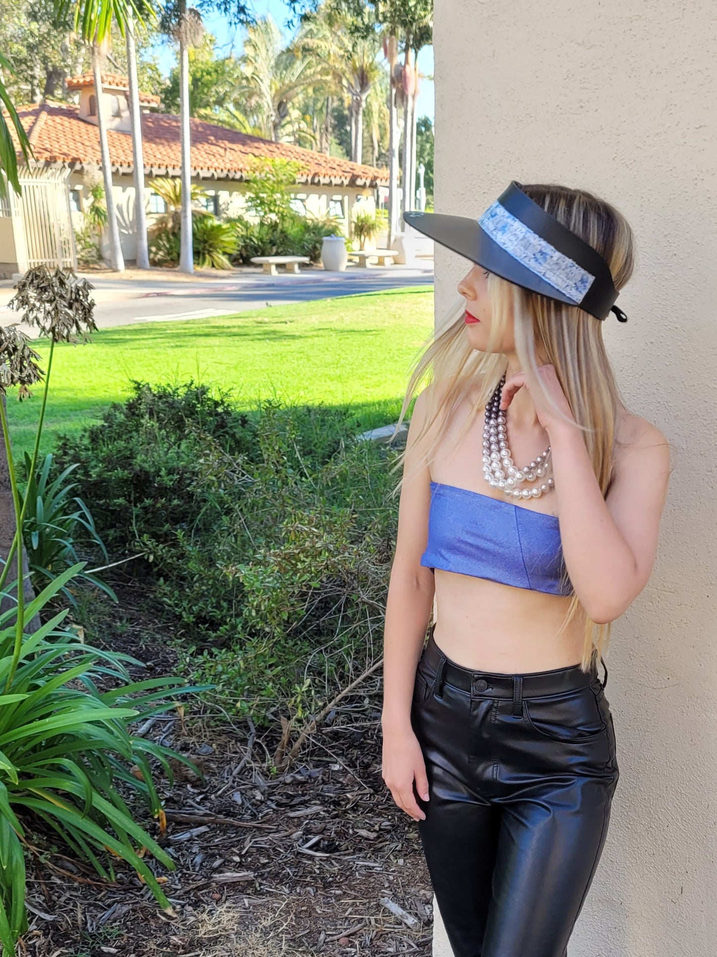 Black "LadyEVA" Visor Hat with Pale Blue Floral Band, Silver Accents and HandPainted Floral Motif