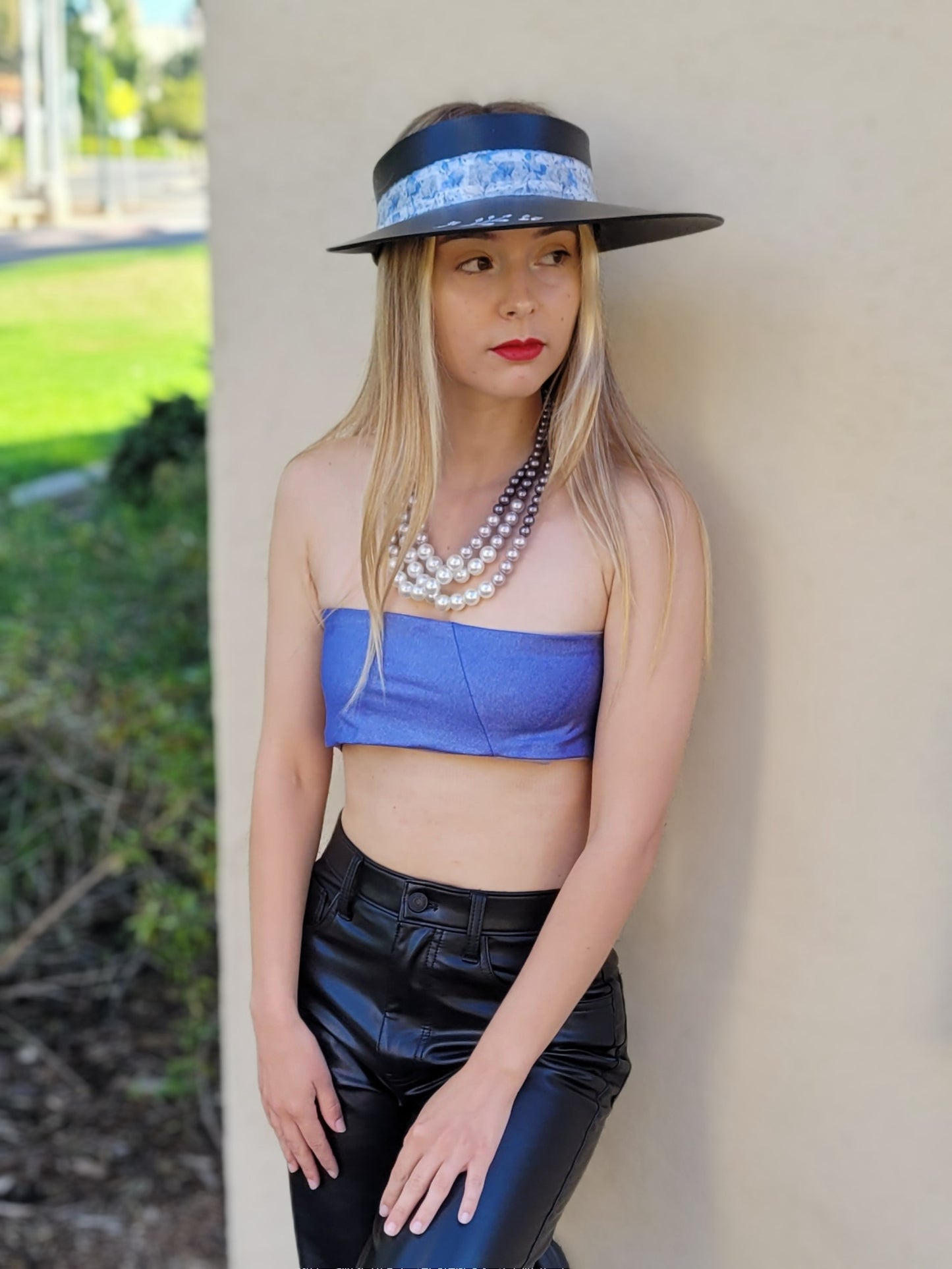 Black "LadyEVA" Visor Hat with Pale Blue Floral Band, Silver Accents and HandPainted Floral Motif