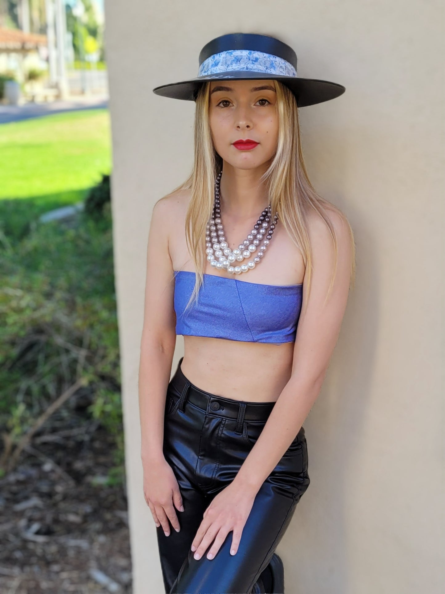 Black "LadyEVA" Visor Hat with Pale Blue Floral Band, Silver Accents and HandPainted Floral Motif