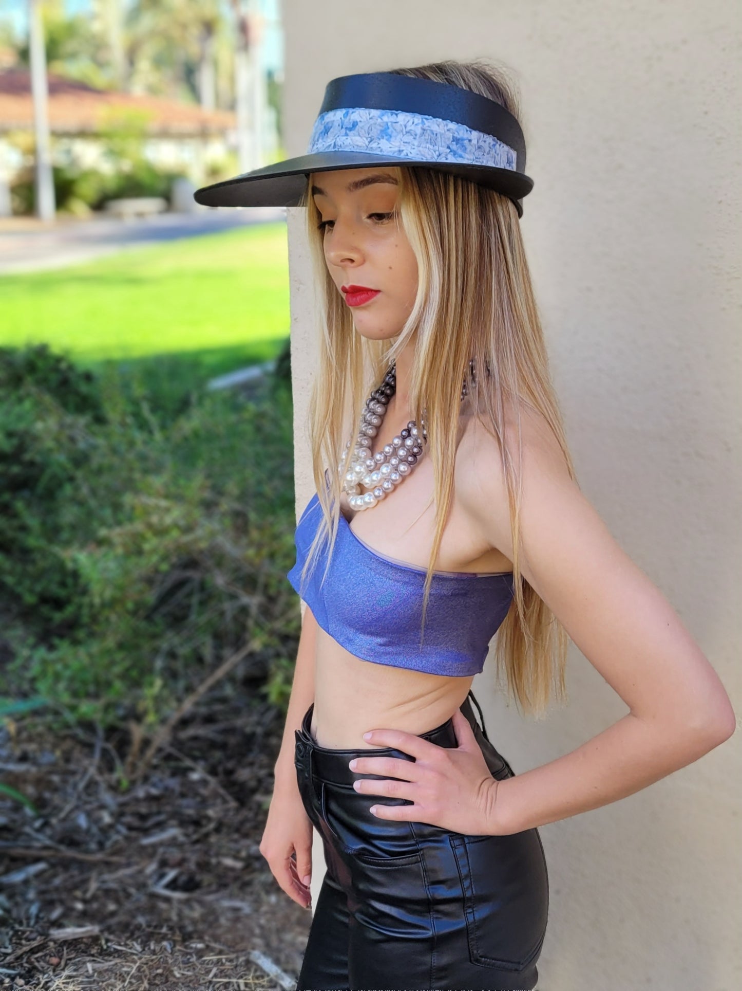 Black "LadyEVA" Visor Hat with Pale Blue Floral Band, Silver Accents and HandPainted Floral Motif