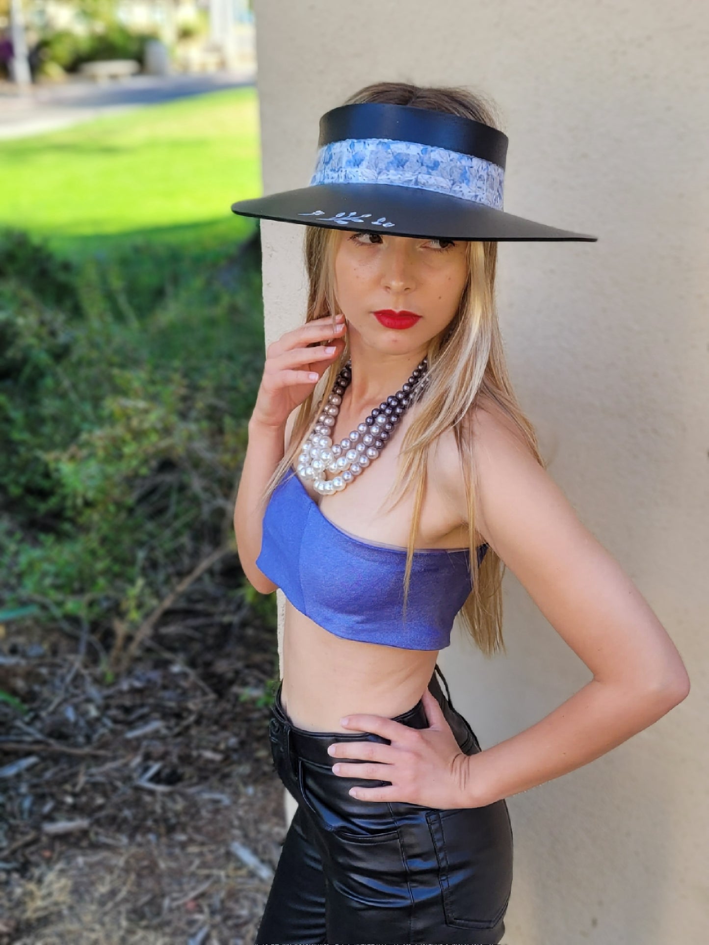 Black "LadyEVA" Visor Hat with Pale Blue Floral Band, Silver Accents and HandPainted Floral Motif