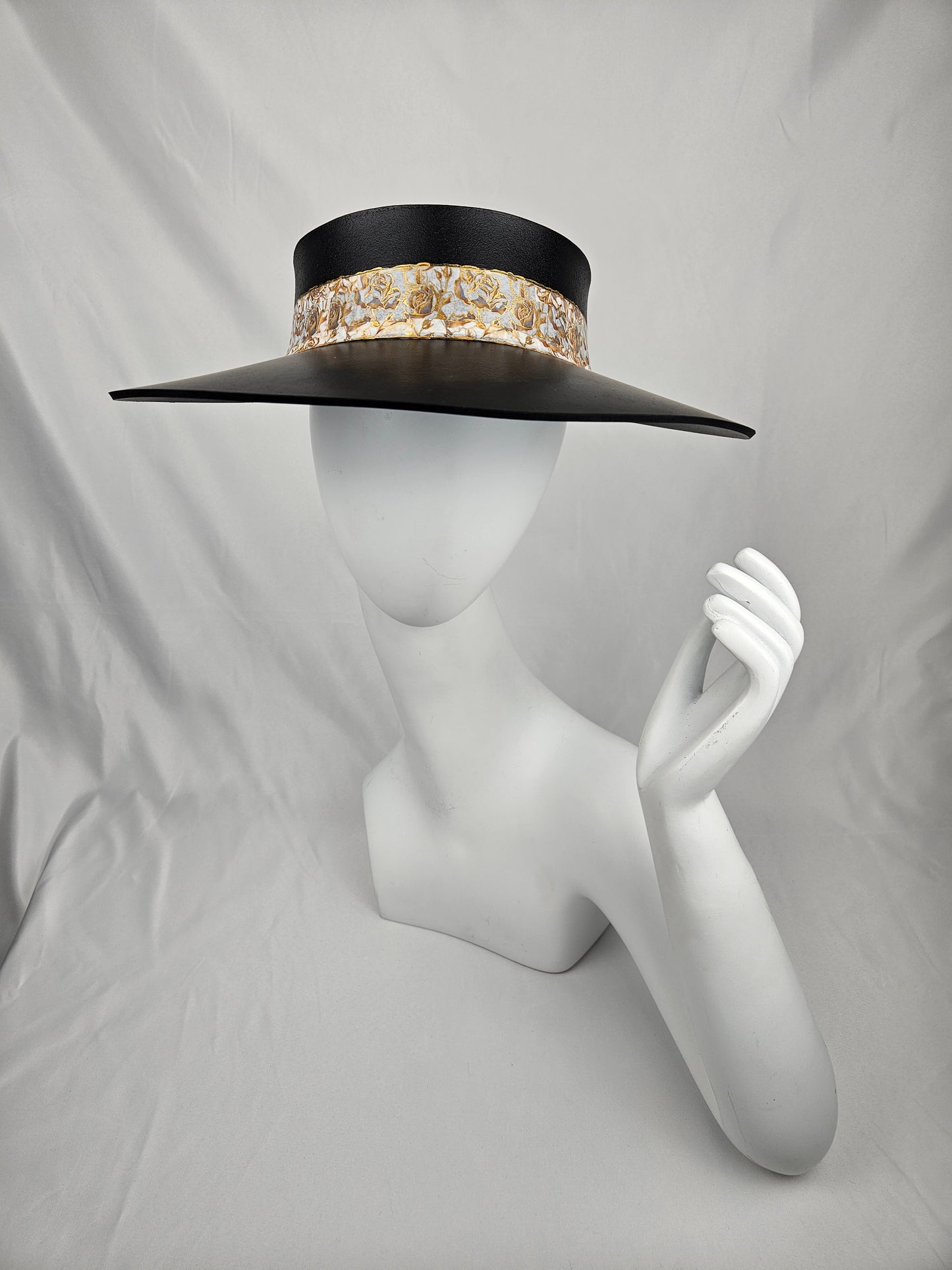Timeless Black Audrey Foam Sun Visor Hat with Golden Floral Band: Big Brim, Swim, Pool, UV Resistant, No Headache