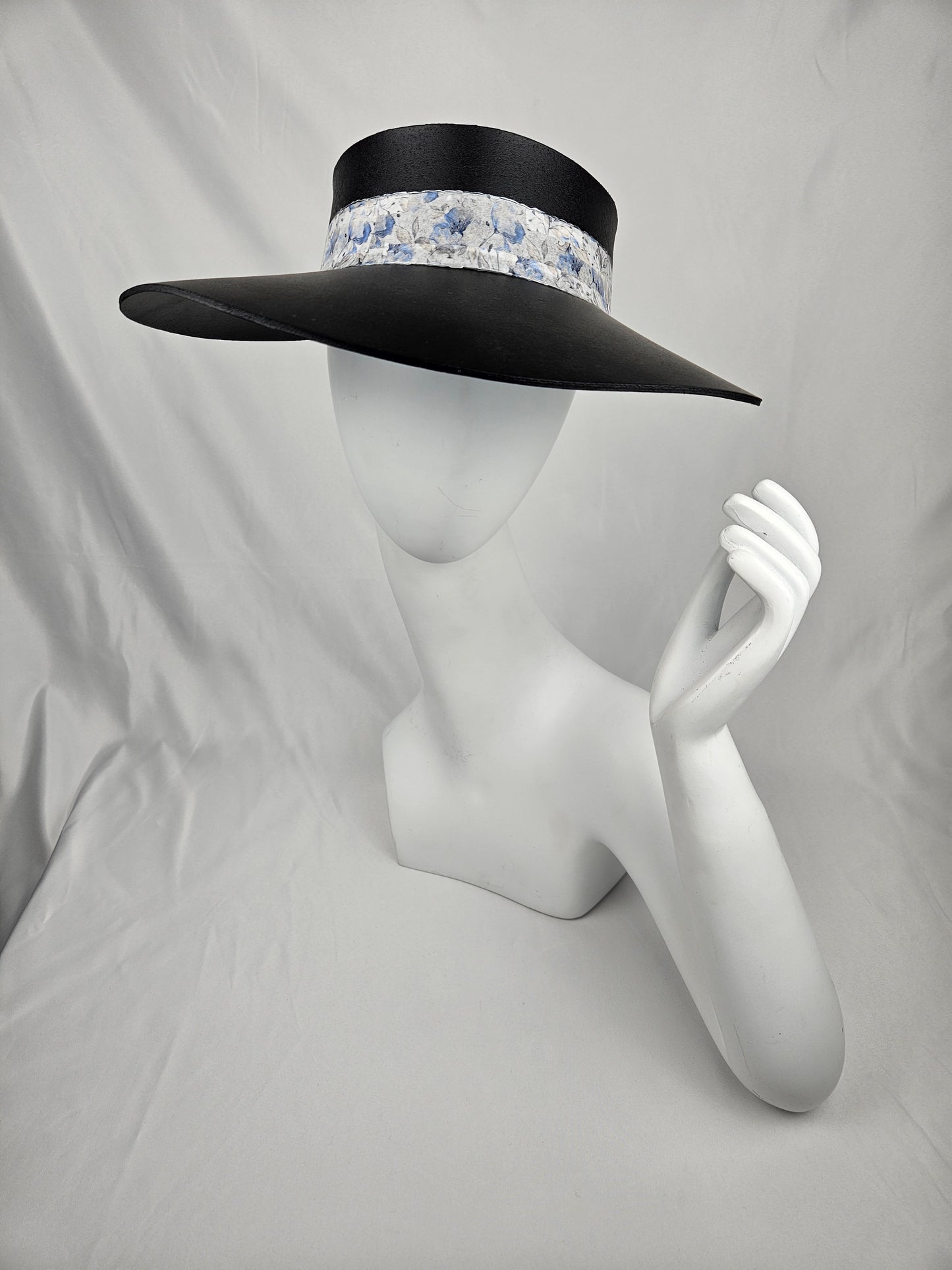 Tall Timeless Black Audrey Foam Sun Visor Hat with Pale Blue Floral Band: 1920s, Big Brim, Swim, Pool, UV Resistant, No Headache