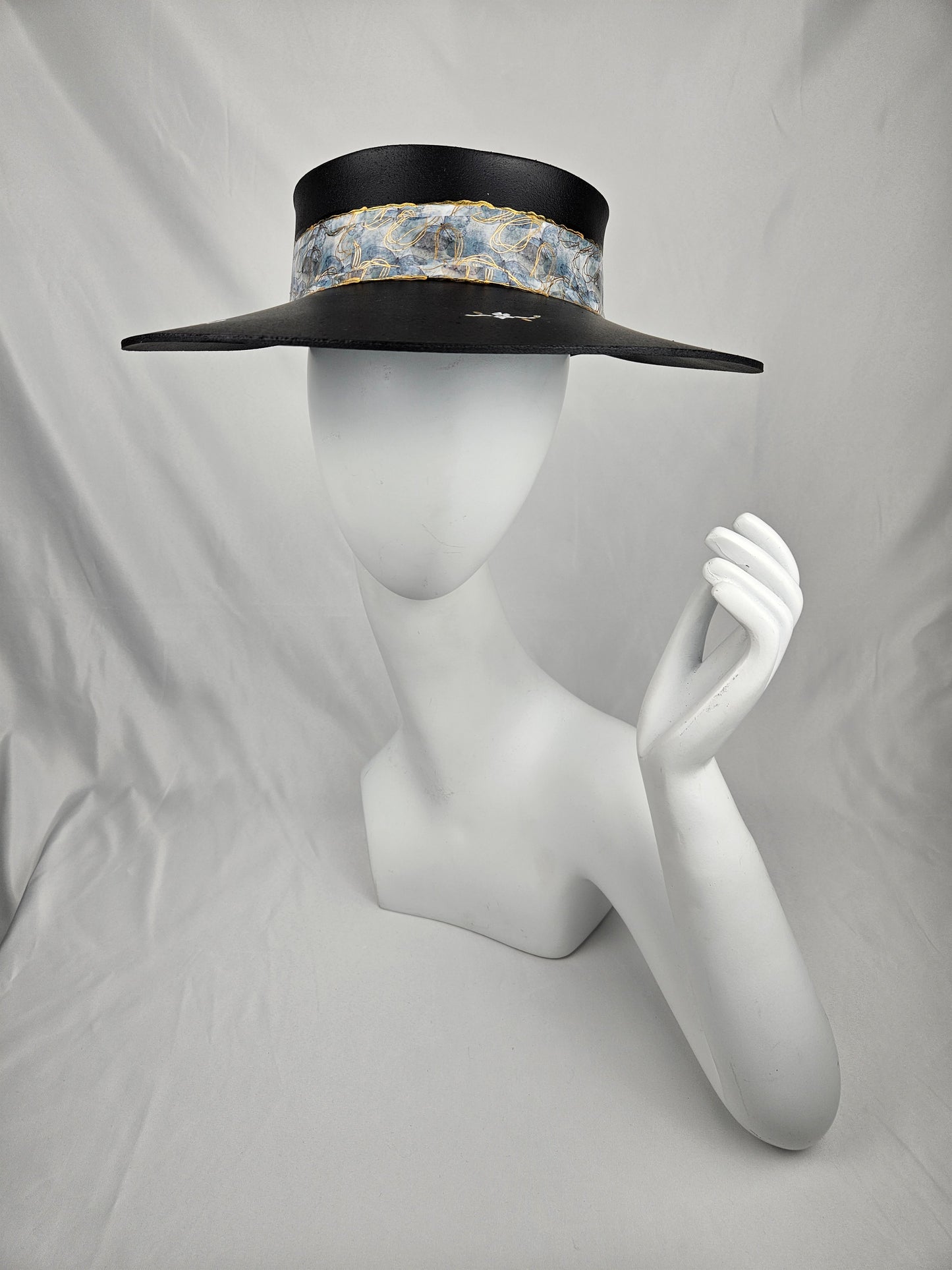 Timeless Black Audrey Foam Sun Visor Hat with Pale Blue Band and Handpainted Floral Motif: Big Brim, Swim, Pool, UV Resistant, No Headache