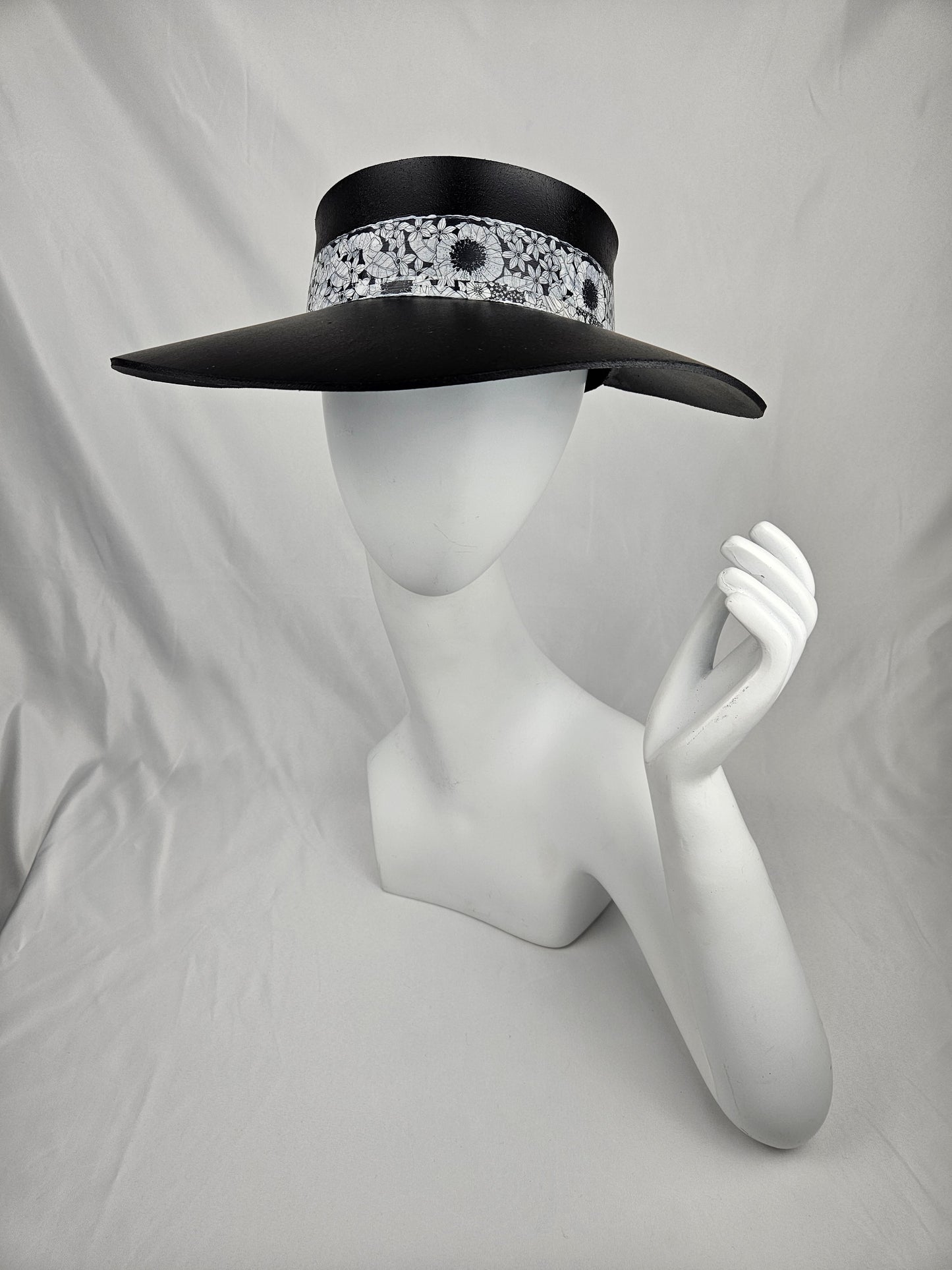 Timeless Black Audrey Foam Sun Visor Hat with Floral Band and Handpainted Motif: 1920s, Swim, Pool, Beach, No Headache