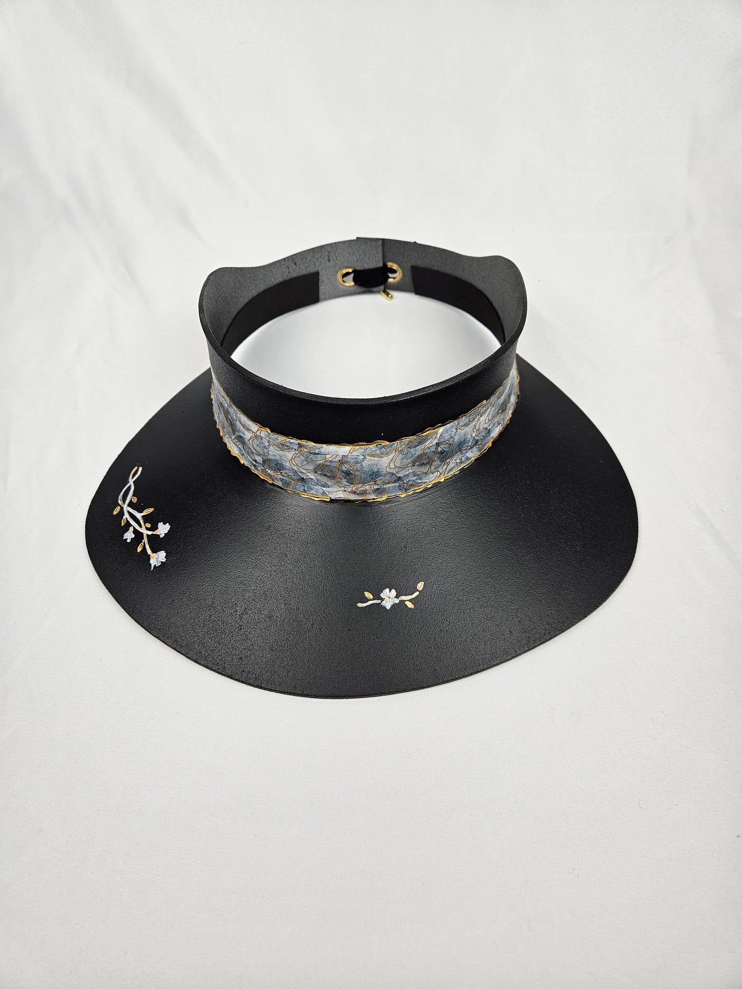 Timeless Black Audrey Foam Sun Visor Hat with Pale Blue Band and Handpainted Floral Motif: Big Brim, Swim, Pool, UV Resistant, No Headache
