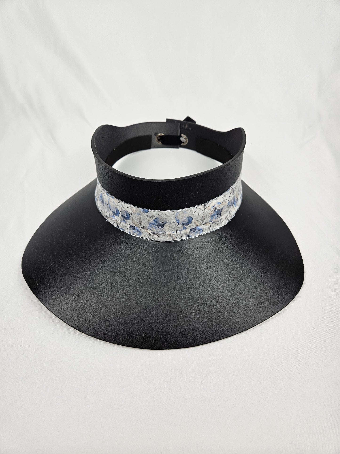 Tall Timeless Black Audrey Foam Sun Visor Hat with Pale Blue Floral Band: 1920s, Big Brim, Swim, Pool, UV Resistant, No Headache