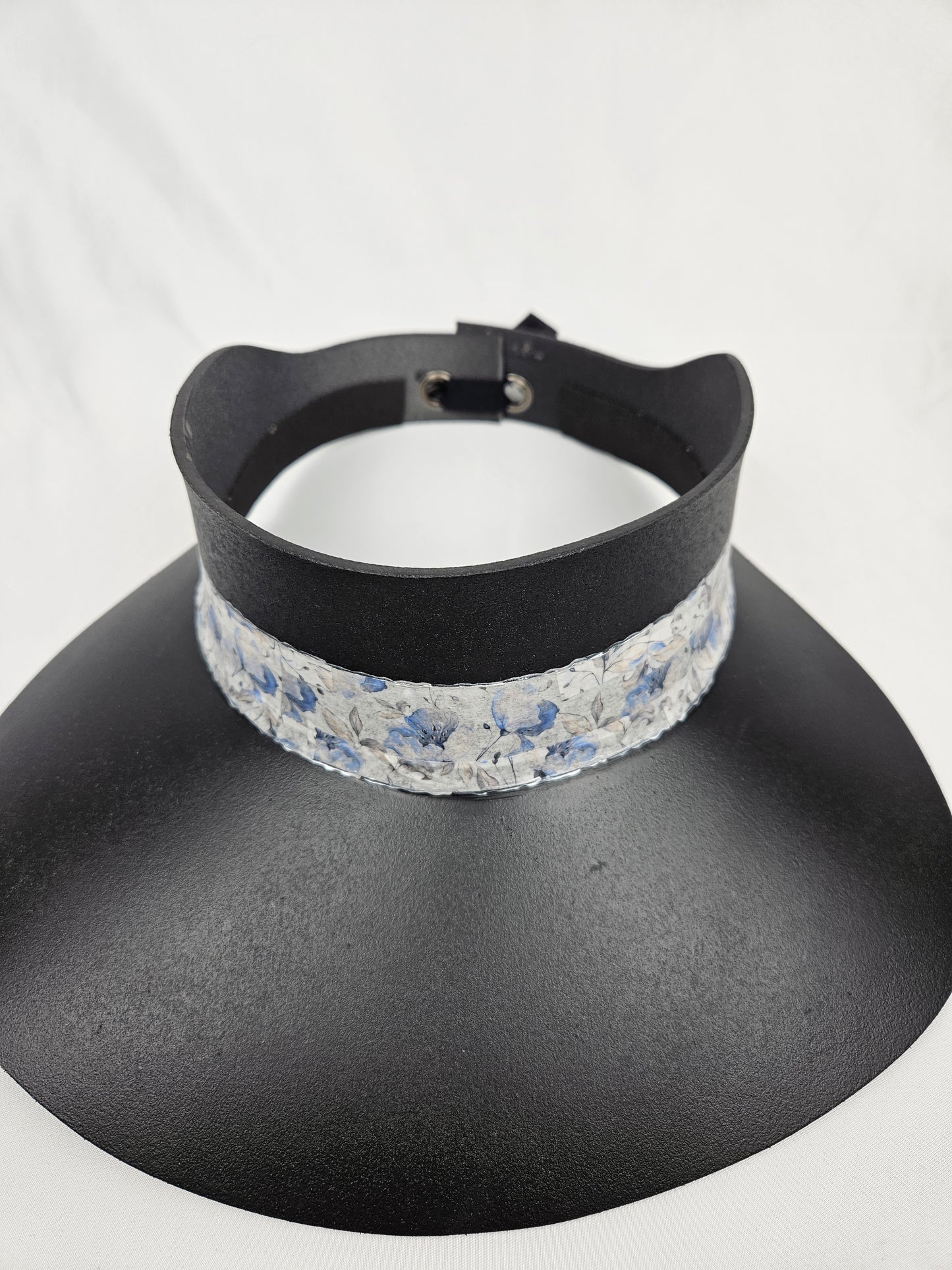Tall Timeless Black Audrey Foam Sun Visor Hat with Pale Blue Floral Band: 1920s, Big Brim, Swim, Pool, UV Resistant, No Headache
