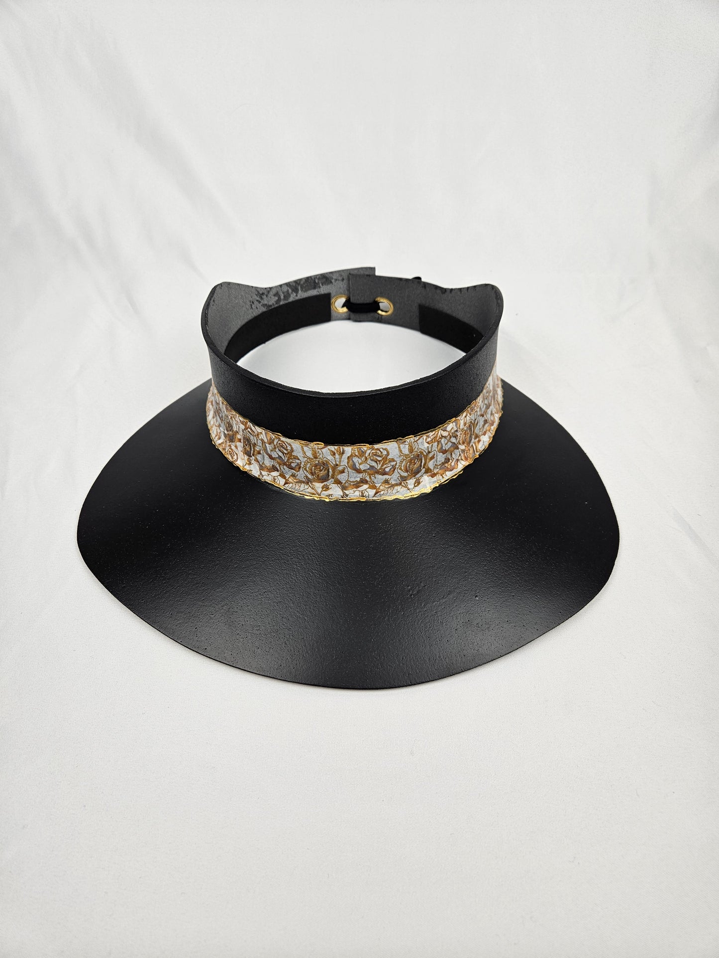 Timeless Black Audrey Foam Sun Visor Hat with Golden Floral Band: Big Brim, Swim, Pool, UV Resistant, No Headache