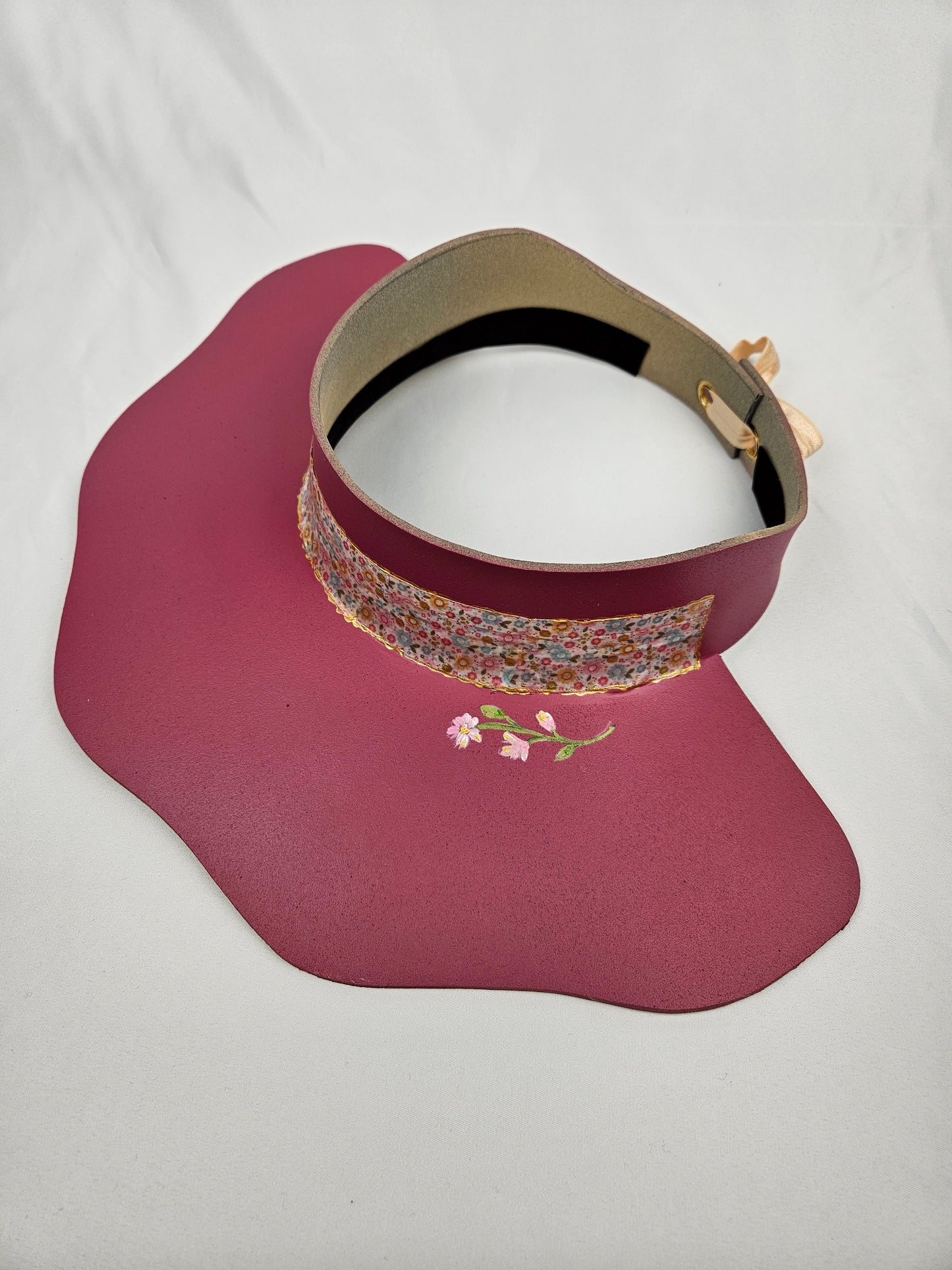 Pink Lotus Visor Hat with Floral Band and Handpainted Floral Motif