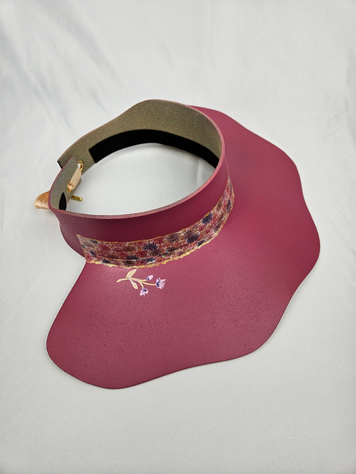 Spring/Summer Pink Lotus Foam Sun Visor Hat with Floral Band and Handpainted Floral Motif: Church, 1950s, Derby, Easter, Swim, Pool, UV Resistant, No Headache