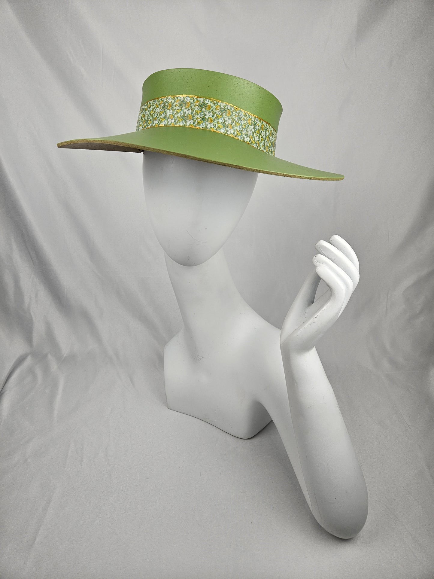 Spring/Summer Green Audrey Foam Sun Visor Hat with Green Floral Band and Handpainted Motif: Garden, Golf, Pool, UV Resistant, No Headache