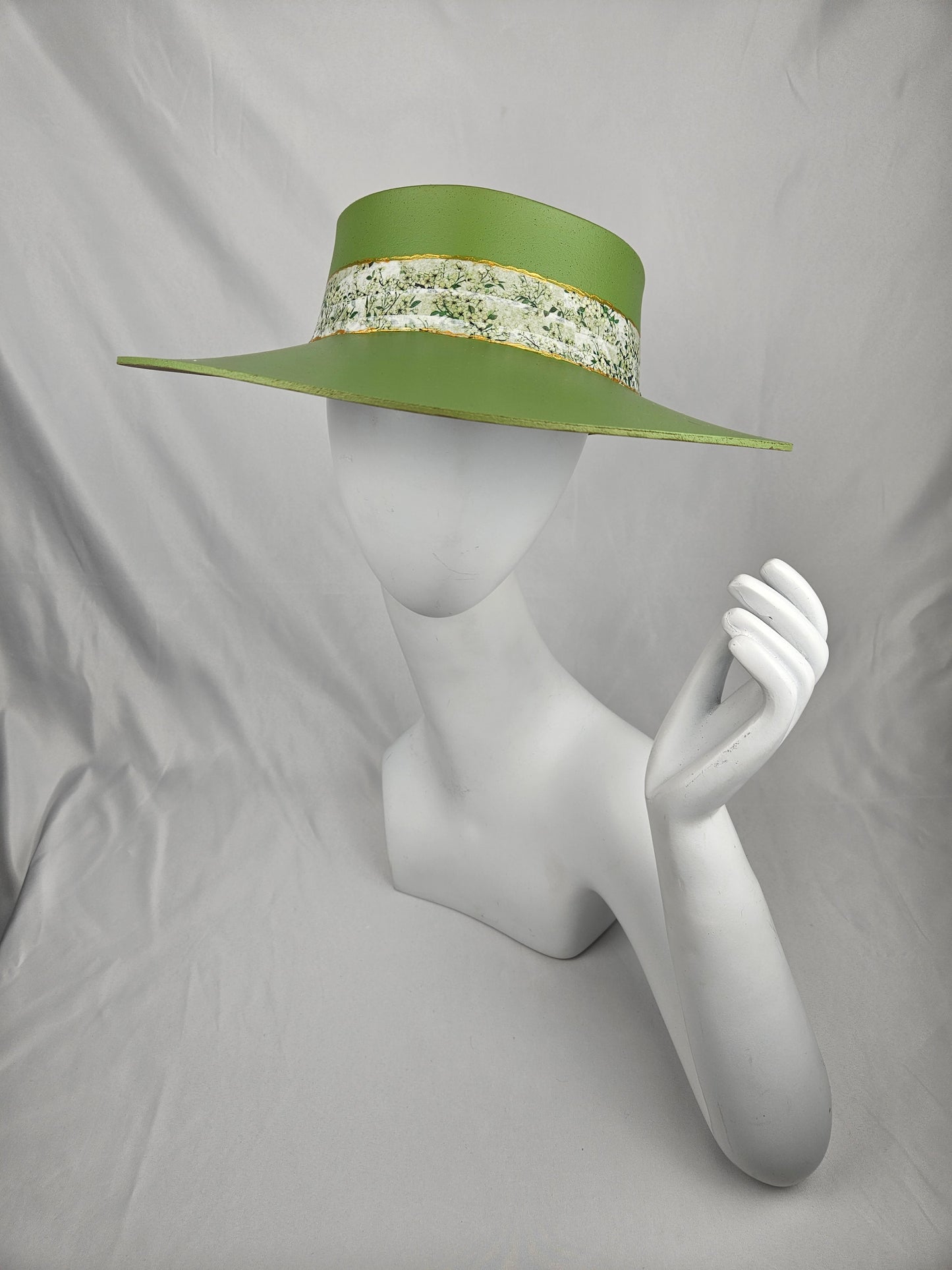 Spring/Summer Green Audrey Foam Sun Visor Hat with Bright Green Garden Band and Handpainted Floral Motif: 1950s, Derby, Garden, Golf, Pool, UV Resistant, No Headache