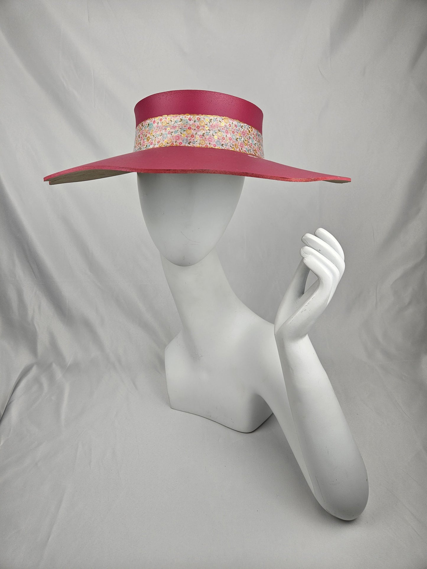 Pink Lotus Visor Hat with Floral Band and Handpainted Floral Motif