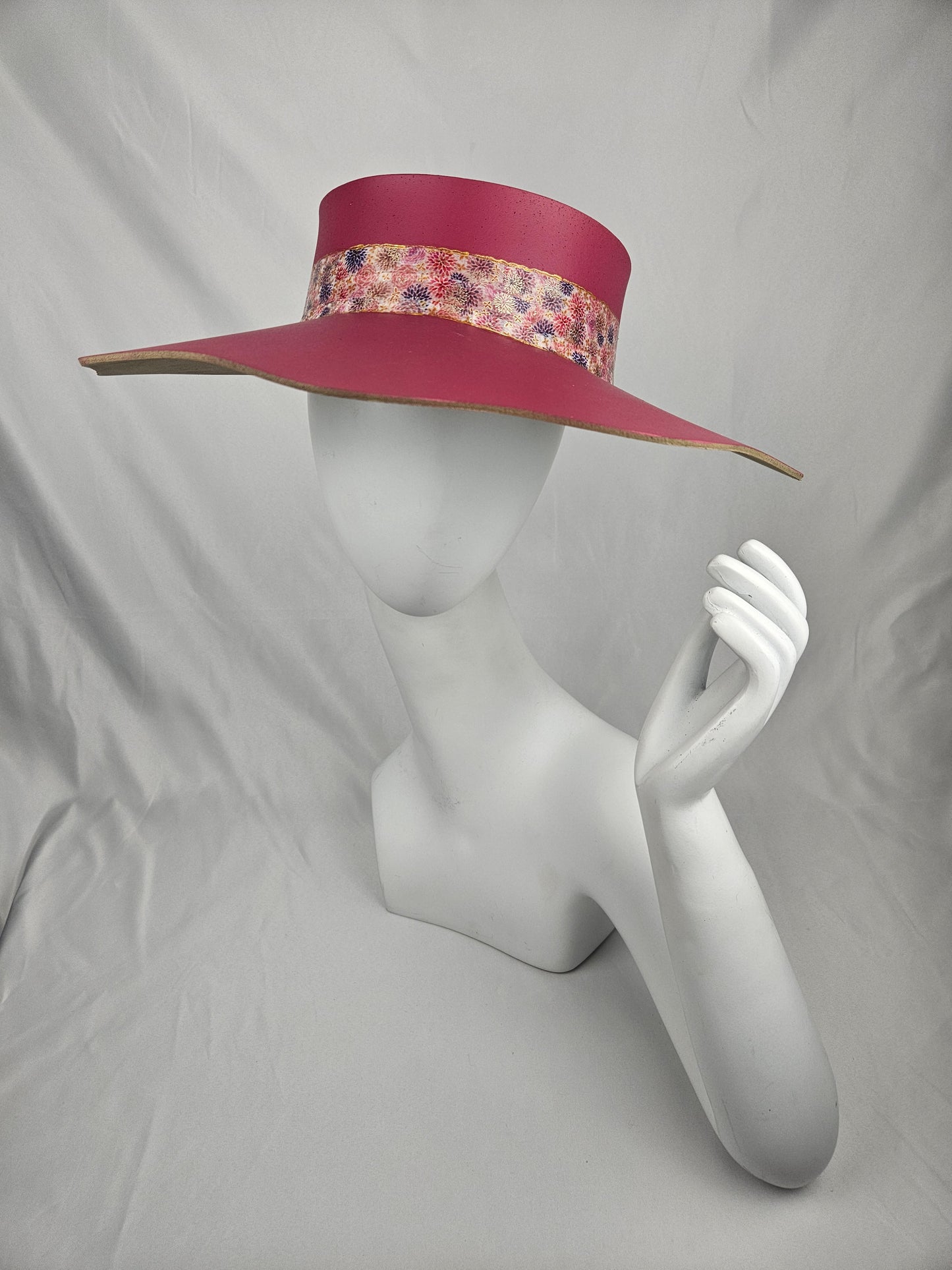 Spring/Summer Pink Lotus Foam Sun Visor Hat with Floral Band and Handpainted Floral Motif: Church, 1950s, Derby, Easter, Swim, Pool, UV Resistant, No Headache