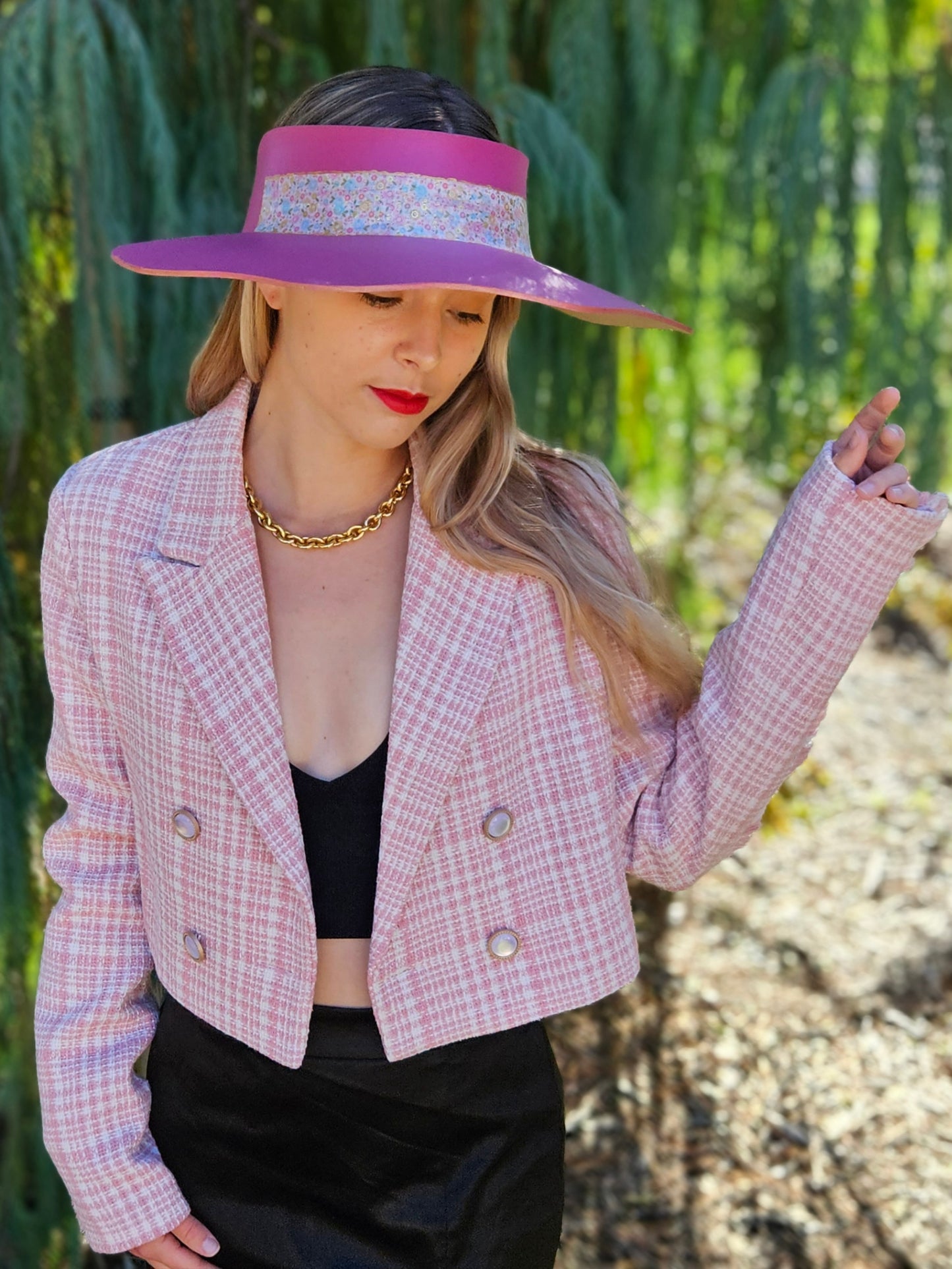 Pink Lotus Visor Hat with Floral Band and Handpainted Floral Motif