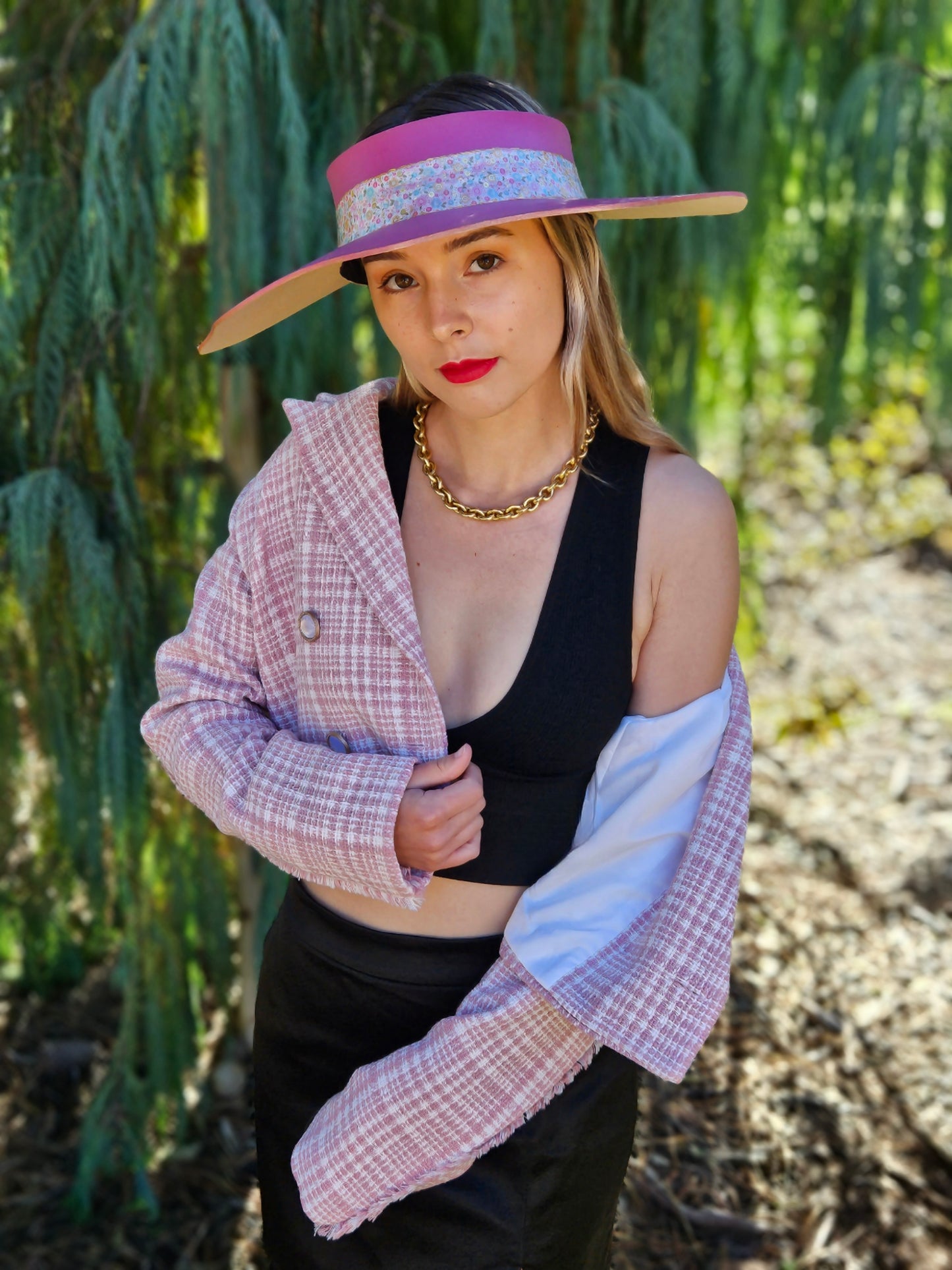 Pink Lotus Visor Hat with Floral Band and Handpainted Floral Motif