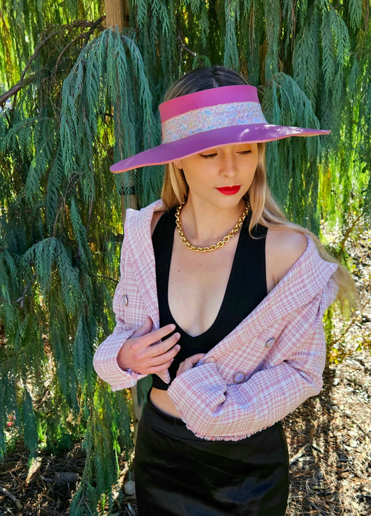 Pink Lotus Visor Hat with Floral Band and Handpainted Floral Motif