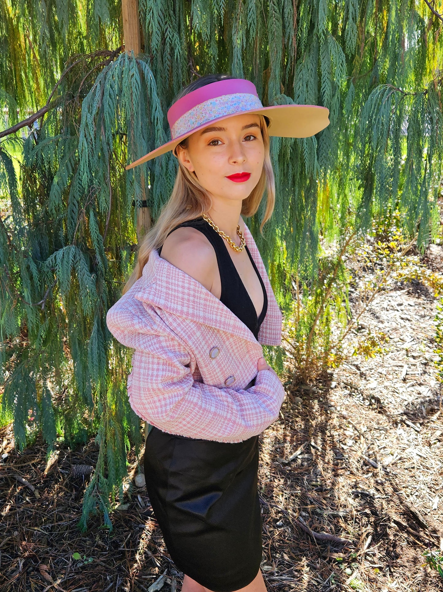 Spring/Summer Pink Lotus Foam Sun Visor Hat with Floral Band and Handpainted Floral Motif: 1950s, Church, Derby, Vacation, Big Brim, Swim, Pool, No Headache