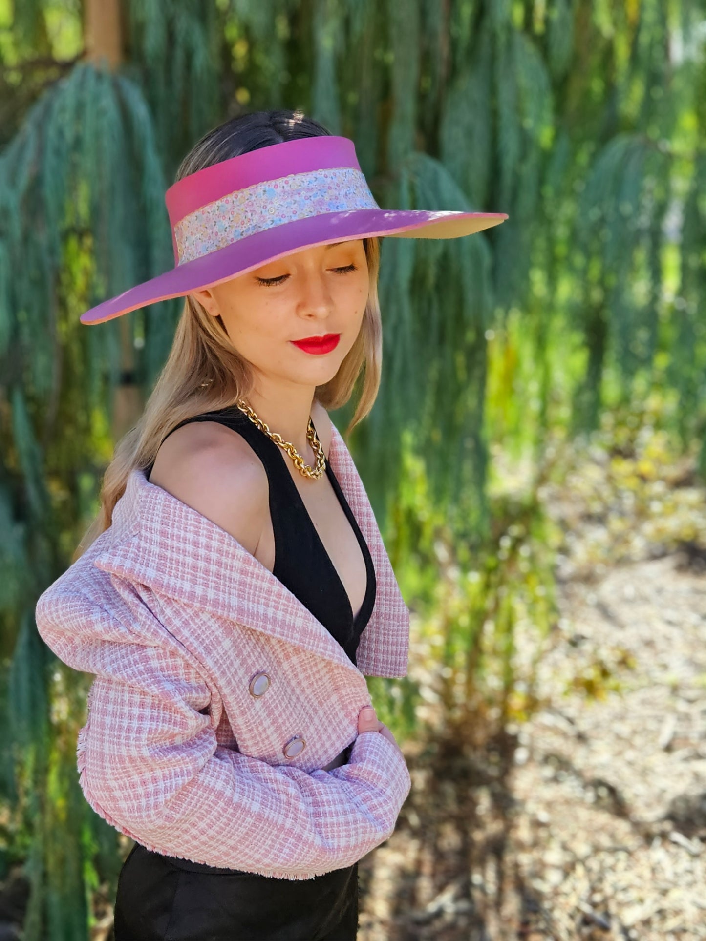 Pink Lotus Visor Hat with Floral Band and Handpainted Floral Motif