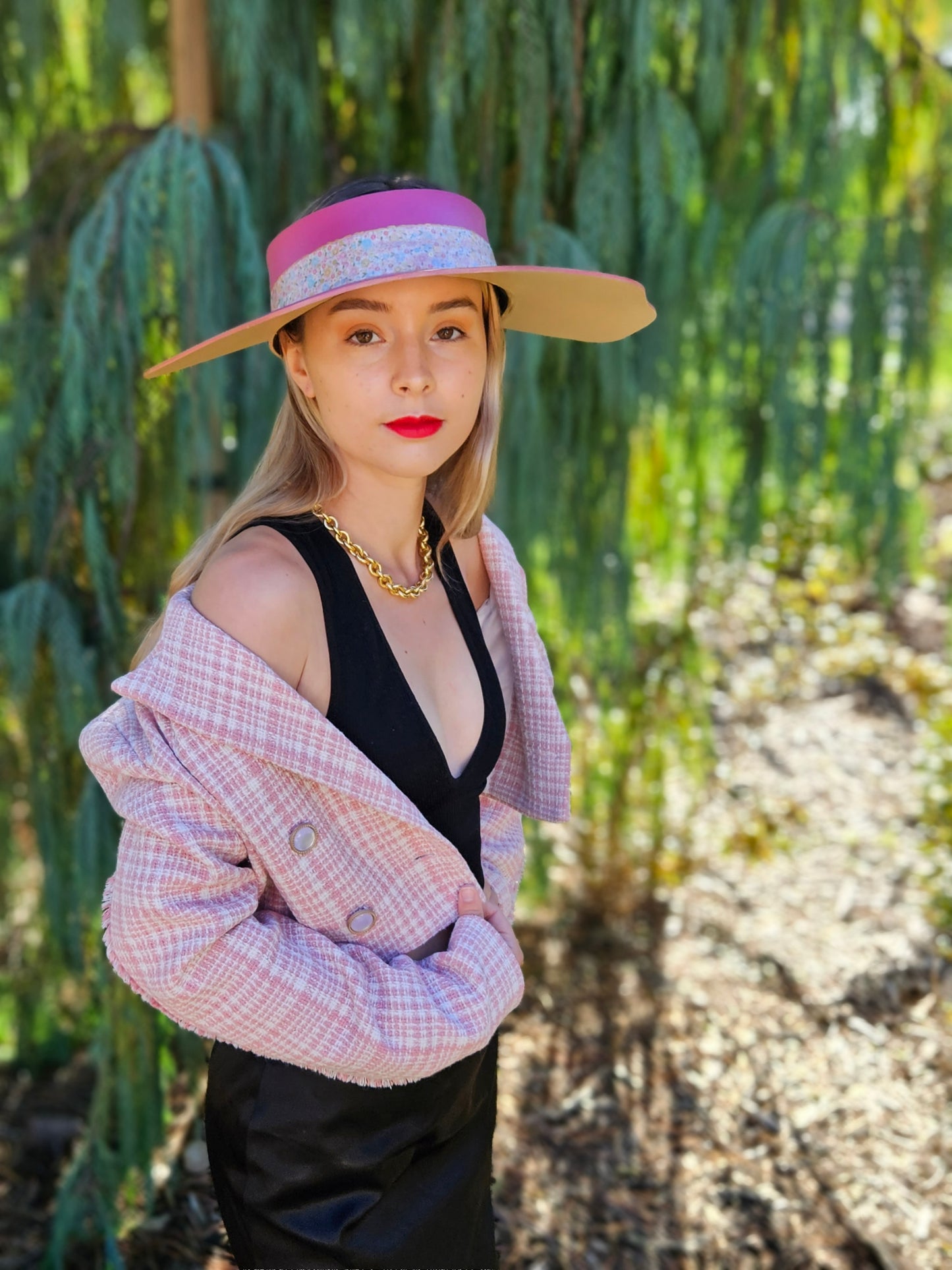 Spring/Summer Pink Lotus Foam Sun Visor Hat with Floral Band and Handpainted Floral Motif: 1950s, Church, Derby, Vacation, Big Brim, Swim, Pool, No Headache