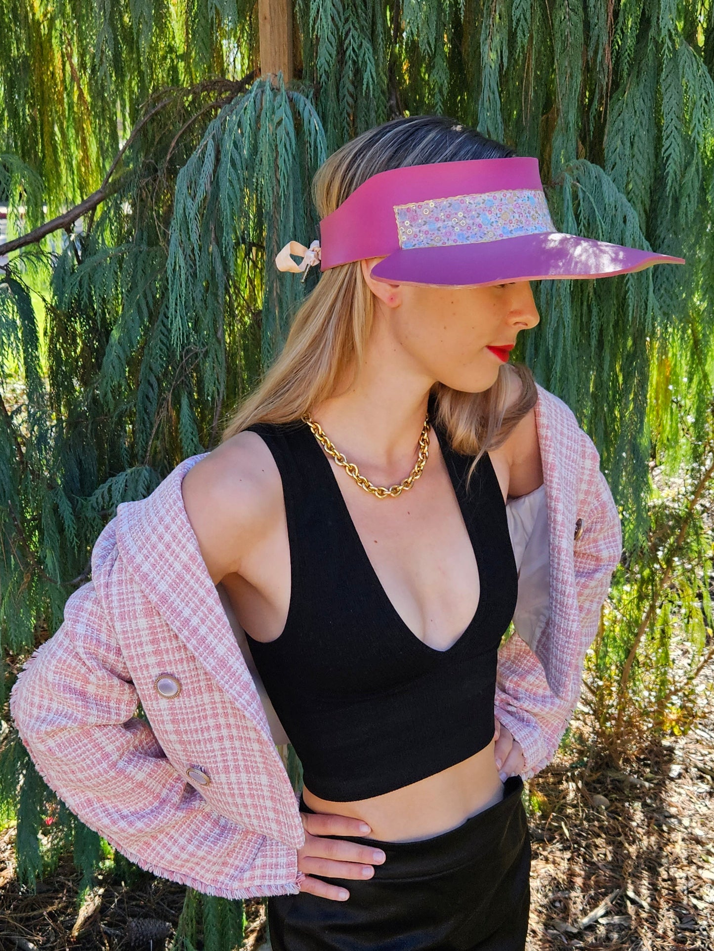 Pink Lotus Visor Hat with Floral Band and Handpainted Floral Motif